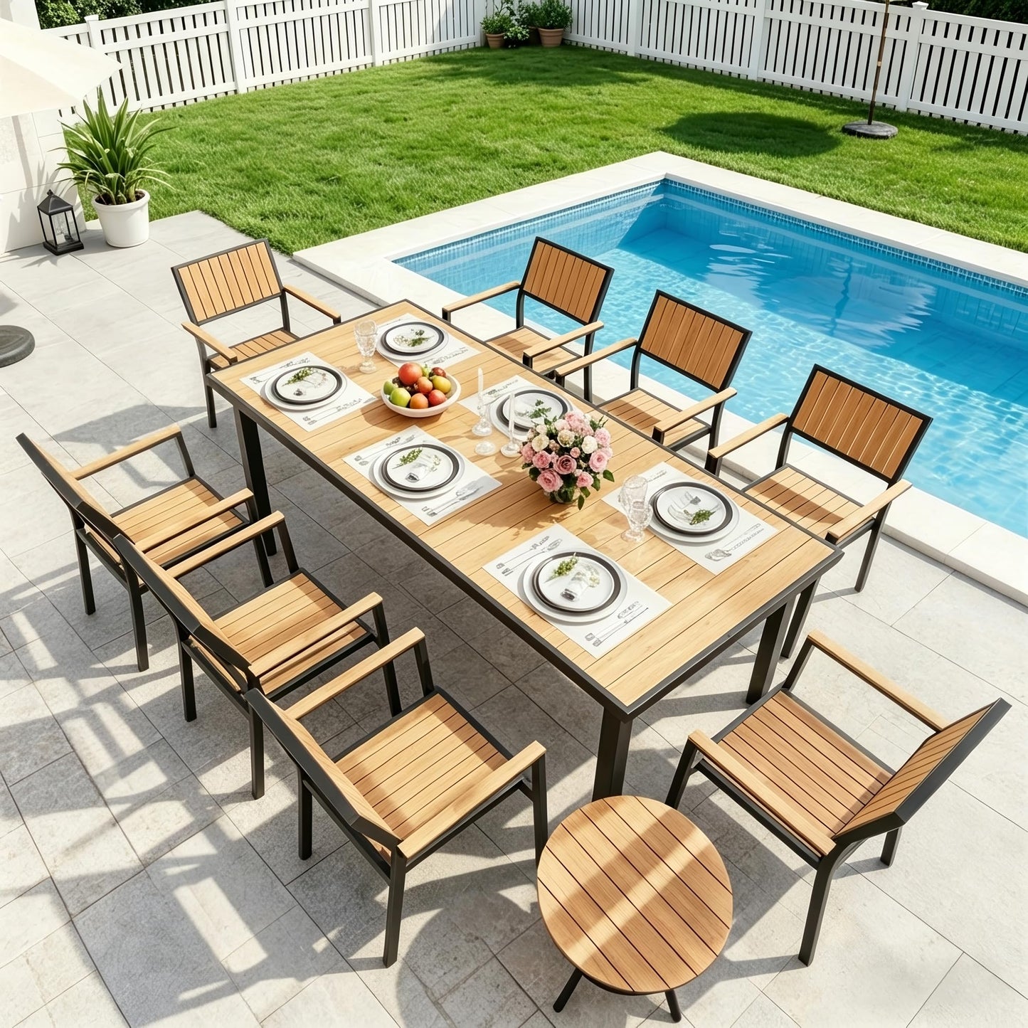 Pamapic 10-Piece Outdoor Dining Set, Patio Aluminum Furniture with Plastic-Wood Table Top & 8 Stackable Chairs, Outdoor Furniture Set for Patio Garden Poolside (Teak)