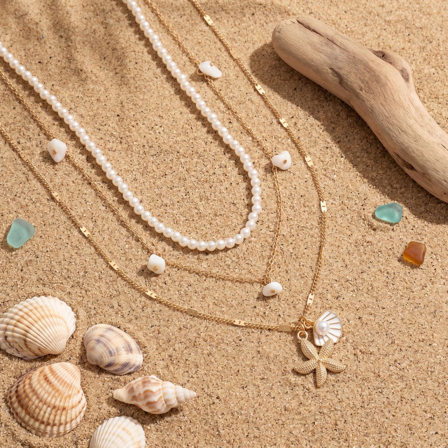 Shell Starfish Necklace for Women, Gold Plated Layered Pendant Necklace with Pearl Conch Charms, Boho Coastal Summer Beach Vacation Jewelry Gifts(Stone)
