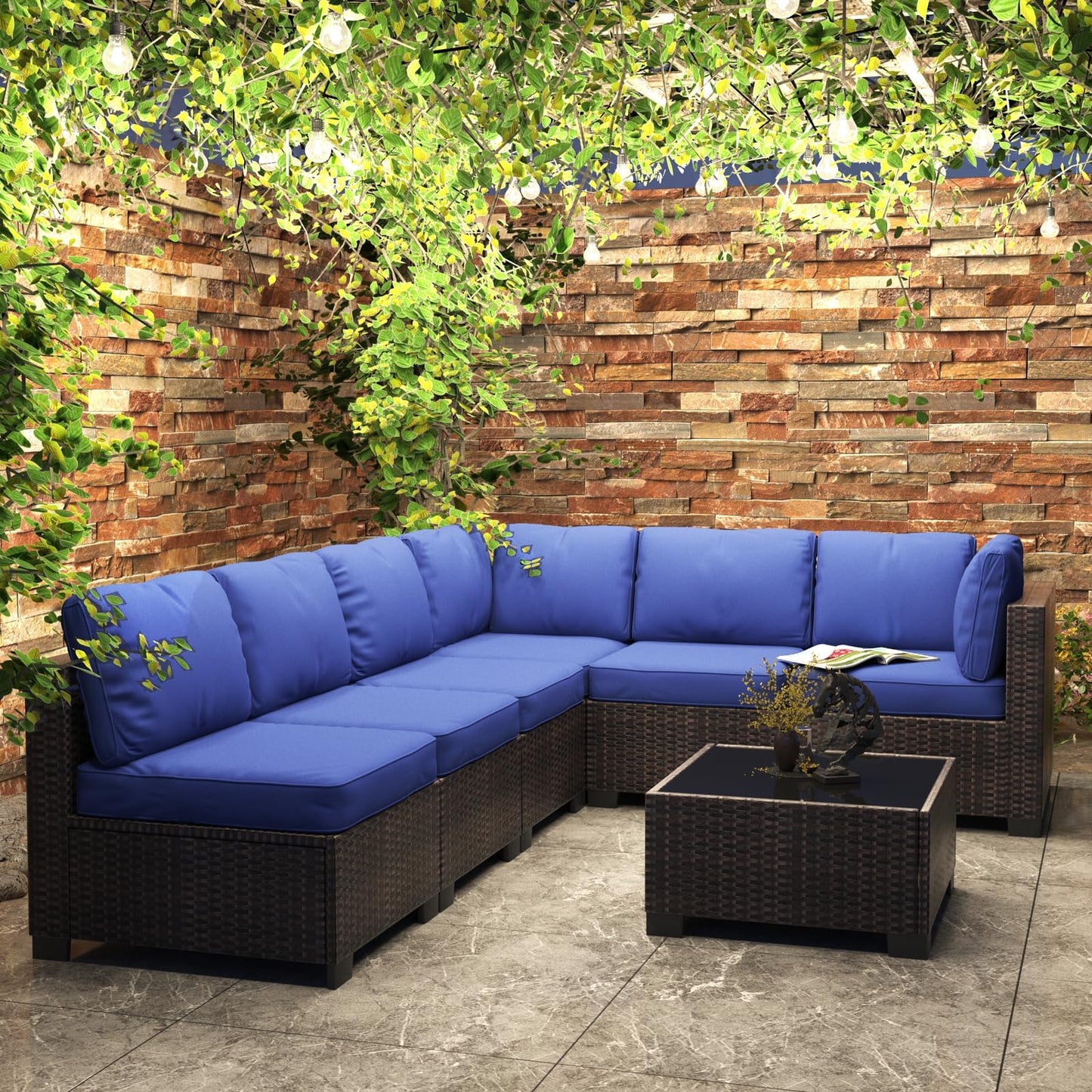 GAOMON 7 Pieces Outdoor Patio Furniture Sets, Rattan Conversation Set with Sectional Sofa, Chairs and Coffee Table, Waterproof Patio Conversation Sets (Brown & Navy Blue)