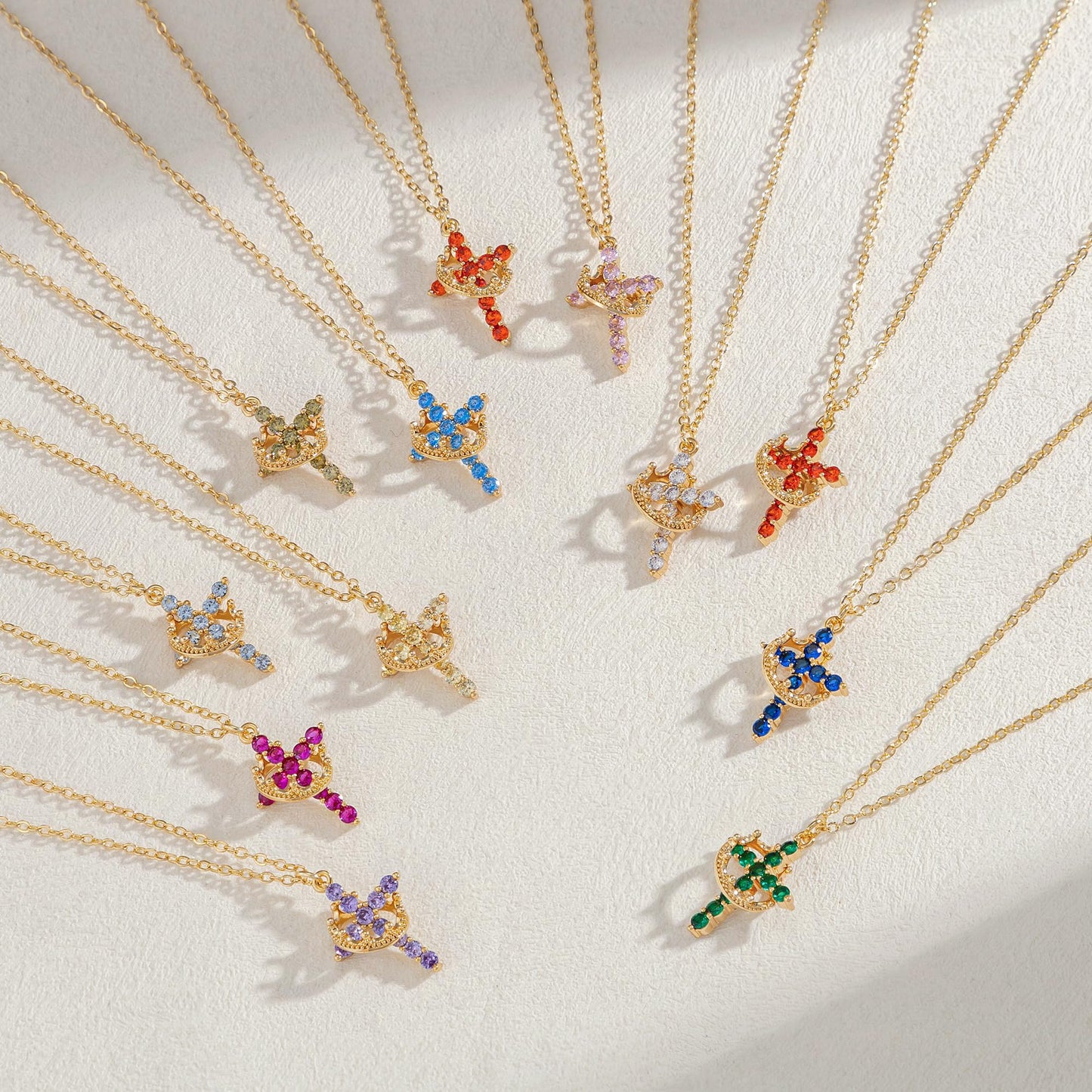 Robaice Birthstone Crown Cross Necklace for Women, Gold-Plated Christian Faith Necklace, Cross Jewelry Gift for Women, March Blue Aquamarine Gift