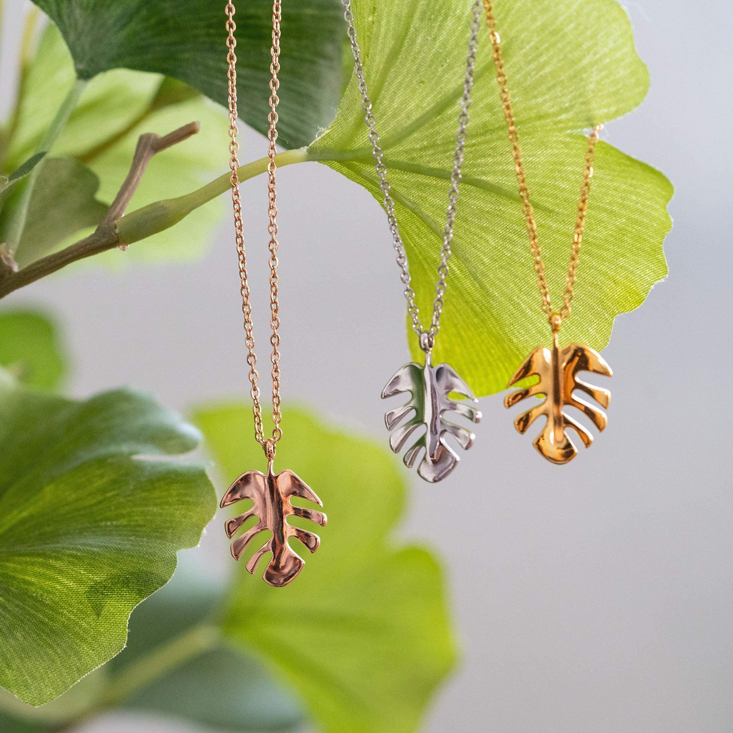 LUUK LIFESTYLE Necklace for women in stainless steel with monstera leaf pendant and HAPPINESS card, gift idea, symbol of nature and well-being, necklace for women, women jewelry, silver