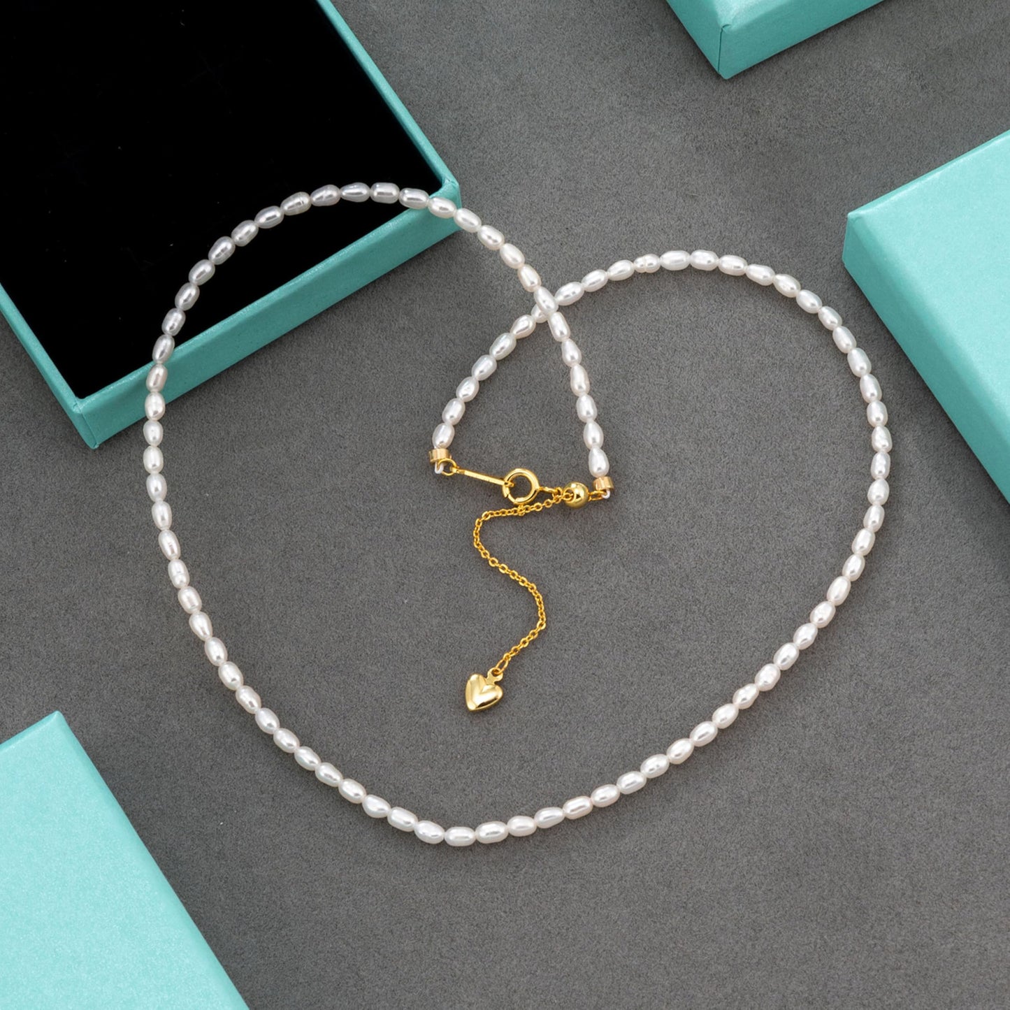 Pearls Necklace, Freshwater Tiny Small Rice Pearls Necklace for Women's Pearl Strand Necklace Chain 18K Gold Plated Hypoallergenic White Necklace as Prom Bridesmaid Birthday Gifts(Rice, 18KWGP Lock)