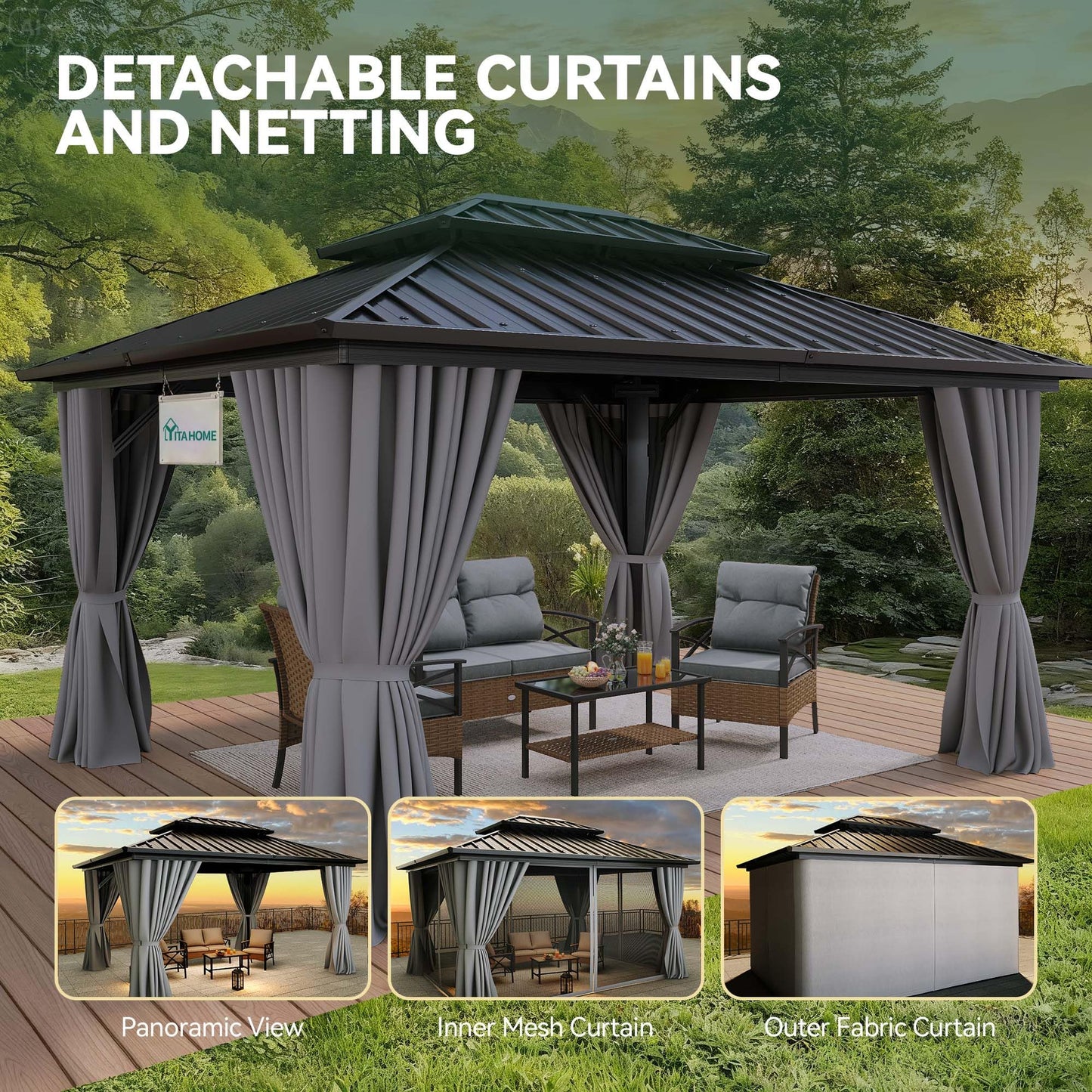 YITAHOME 10X12FT Hard Top Gazebo Aluminum Frame Patios Double Roof Canopy Garden Metal Gazebo Tent Curtains Netting for Patios Backyards Decks Lawns, Gray