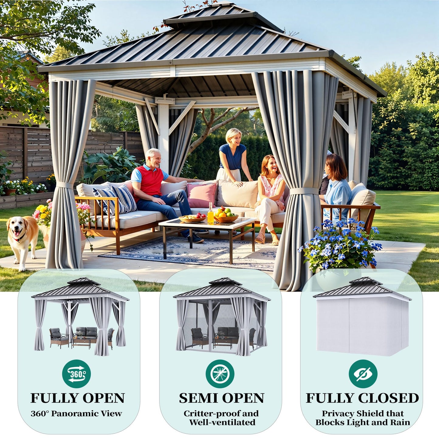 YITAHOME 10X10FT Gazebo Patios Hard Top Outdoor Double Roof Canopy Aluminum Frame Metal Top Garden Gazebo with Curtains Netting for Backyards Decks Lawns, White