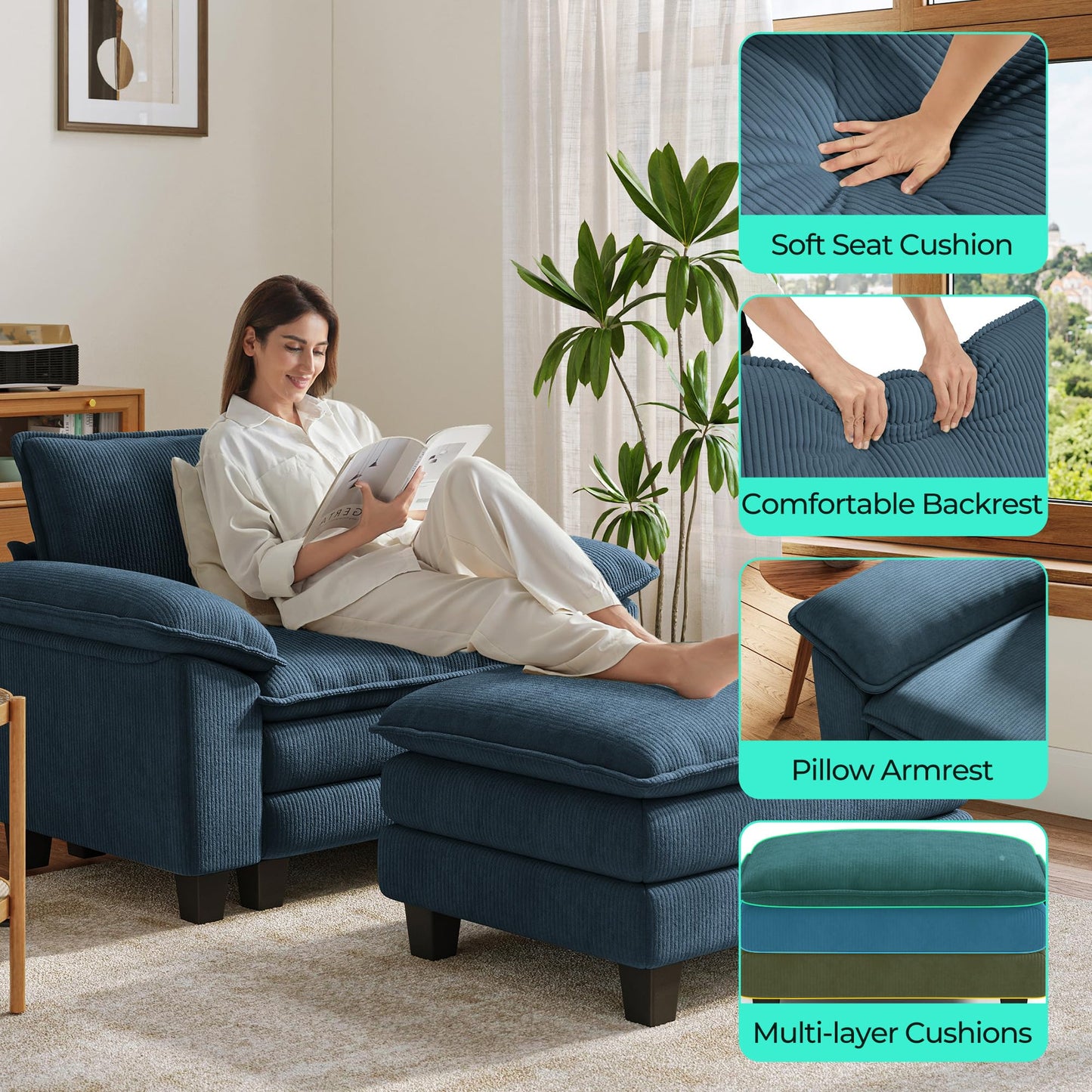 LINSY HOME Cloud Sofa Accent Chair with Ottoman Chaise Lounge Chair Indoor, Corduroy Couch Sofa Chair for Living Room Apartment Bedroom Office, Blue