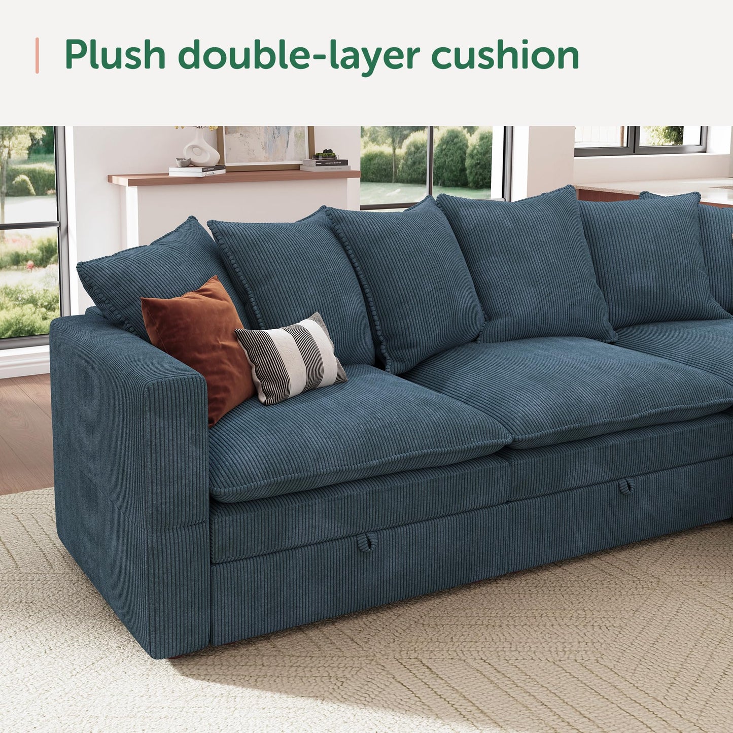 HONBAY Modular Sectional Sofa, 6 Seaters Corduroy Sectional Couch, L Shaped Couch with Storage & Pillows, Blue
