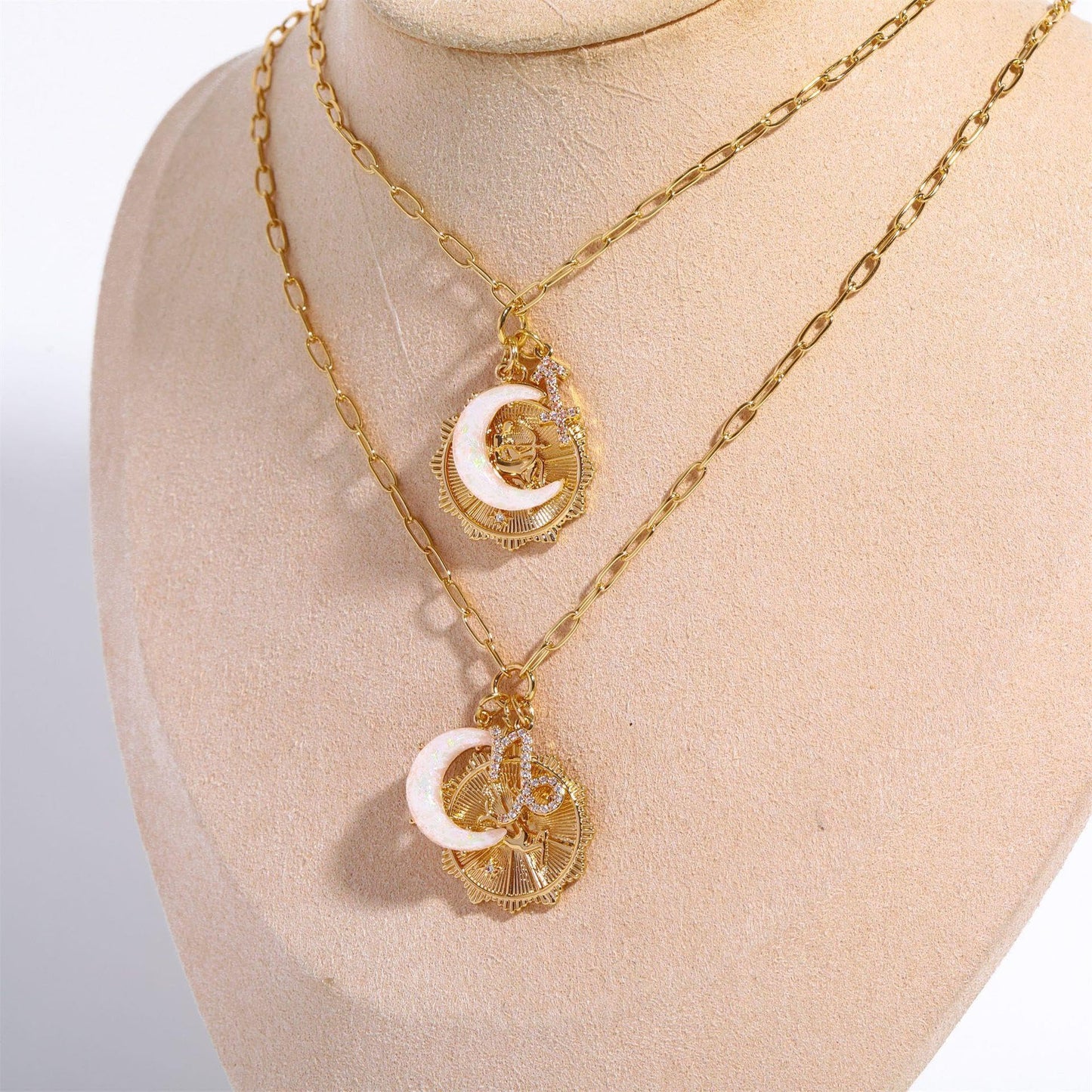 Lanadale Dainty Gold Pisces Zodiac Coin Opal Crescent Moon Charm Necklace for Women Trendy 18K Gold Plated Retro Paperclip Chain 12 Constellation Horoscope Necklaces Astrology Jewelry Gifts