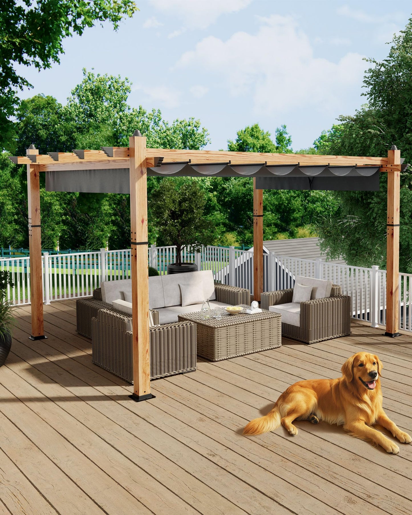 KYBOLT 10x13 Ft Outdoor Pergola with Retractable Canopy Upgraded Wood Grain Patio Pergola for Modern Backyard Deck Porch Grape Trellis - Gray
