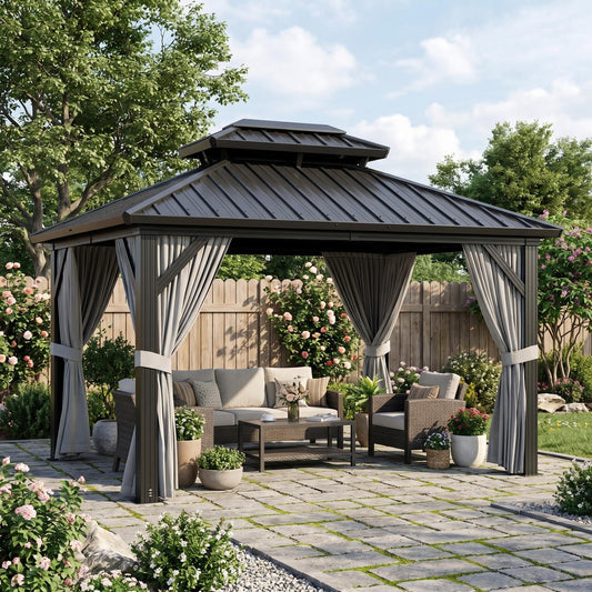 10' x 12' Aluminum Hardtop Gazebo with Double Metal Roof, All-Weather Permanent Outdoor Canopy with Netting & Curtains for Patio, Backyard, Deck, and Lawn