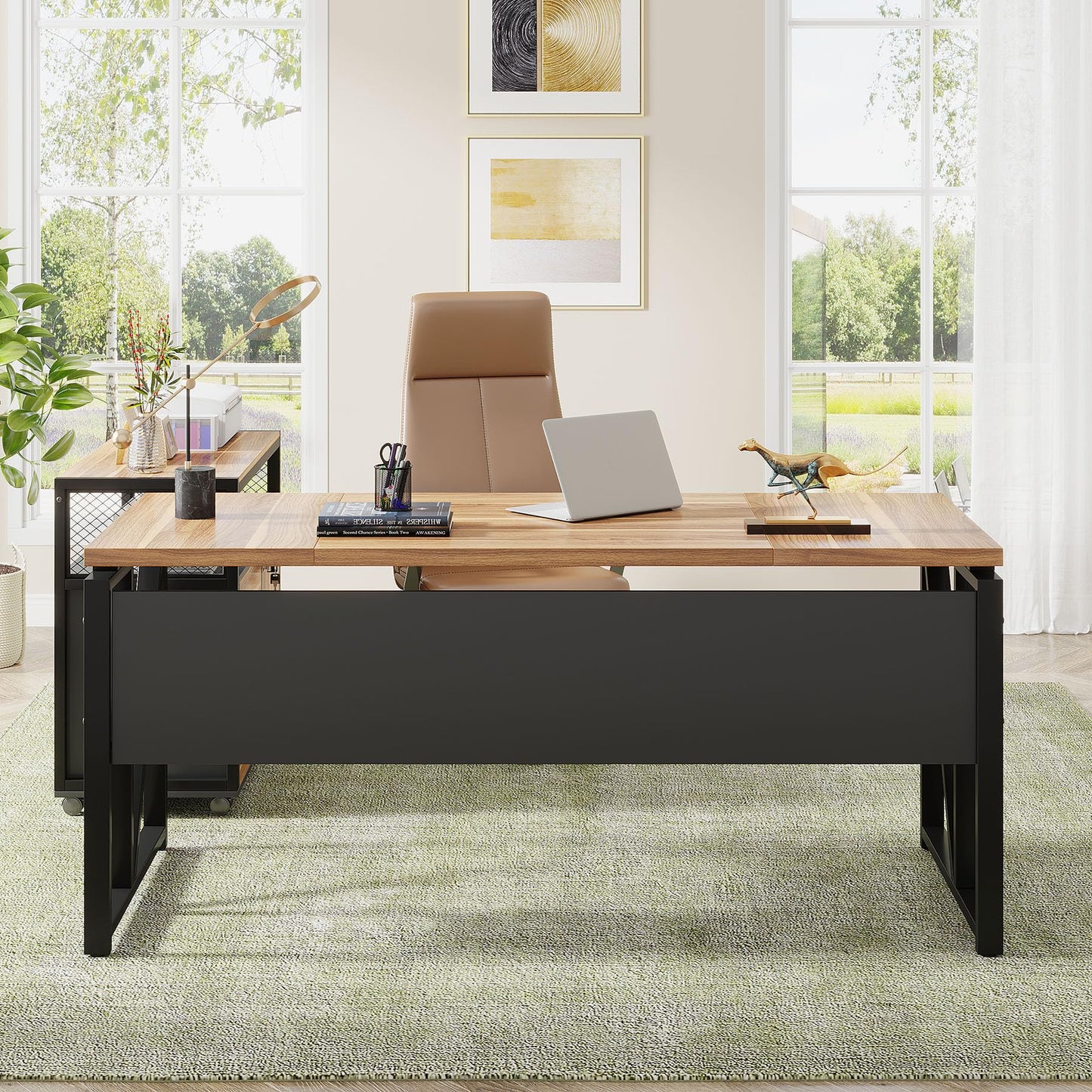 Tribesigns 63" Executive with Drawer Cabinet, L Shaped Desk and Lock lateral File Cabinet, 2 Piece Home Office Furniture Set with Drawers for Hanging File, (Brown, 63 inches)