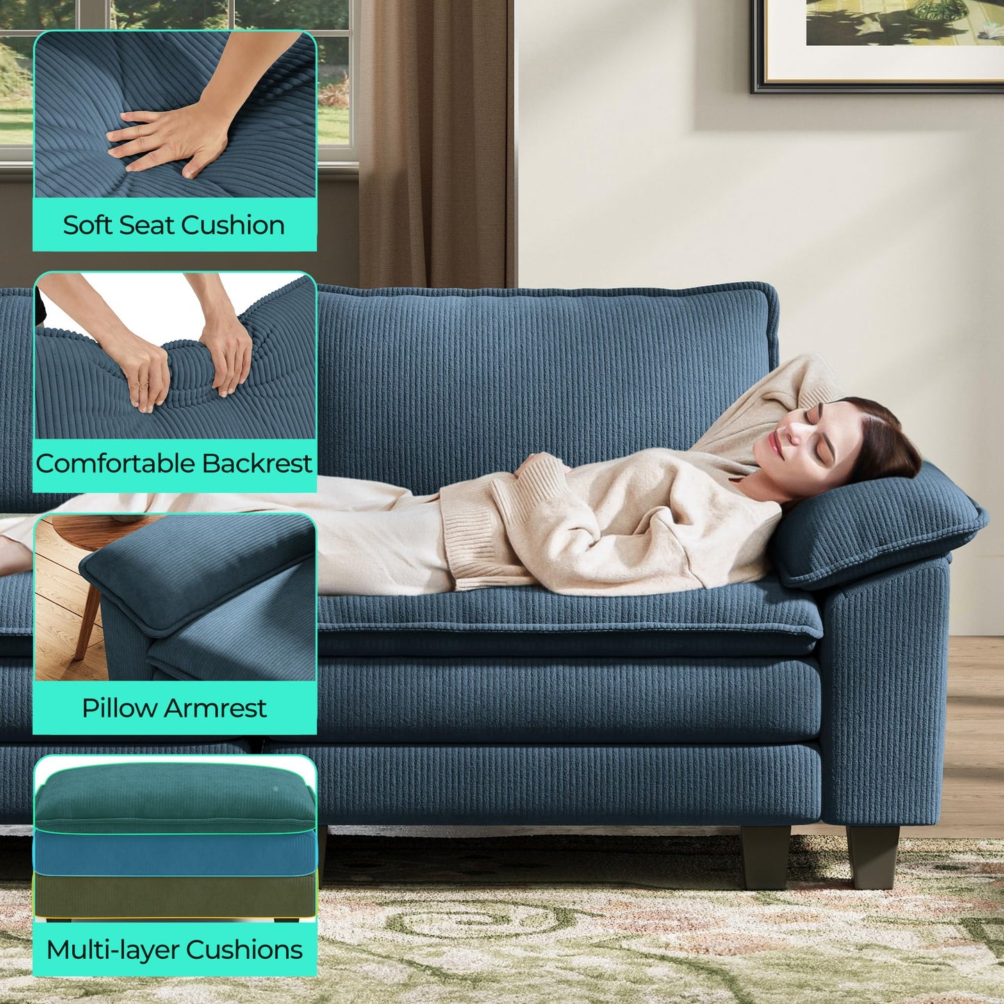 LINSY HOME 90'' Cloud Loveseat Sofa, Modular Sectional Couches Corduroy Cloud Couch Soft Modern Comfy Love Seat Sofa Set for Living Room Apartment Office, Blue