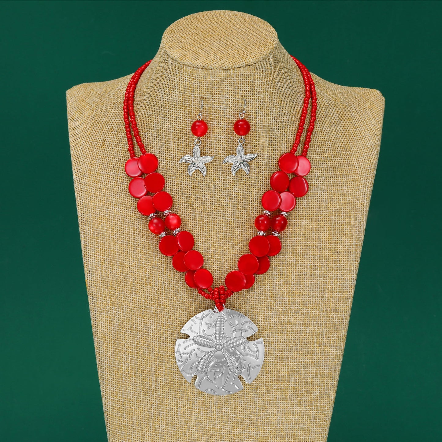 Perla Boho Starfish Necklace for Women, Chunky Layered Shell Beads Choker Necklace and Earrings Set, Ocean-Themed Summer Beach Jewelry (Red)