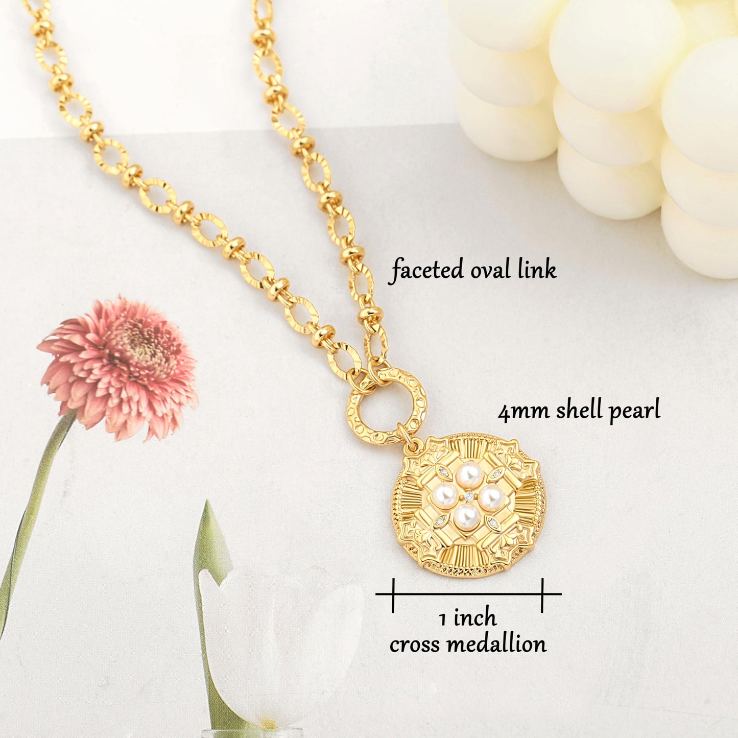 Statement Byzantine Cross Medallion Necklace, 18k Gold Plated Pearl Beaded Coin Necklace, Chunky Faceted Chain Necklace Adjustable