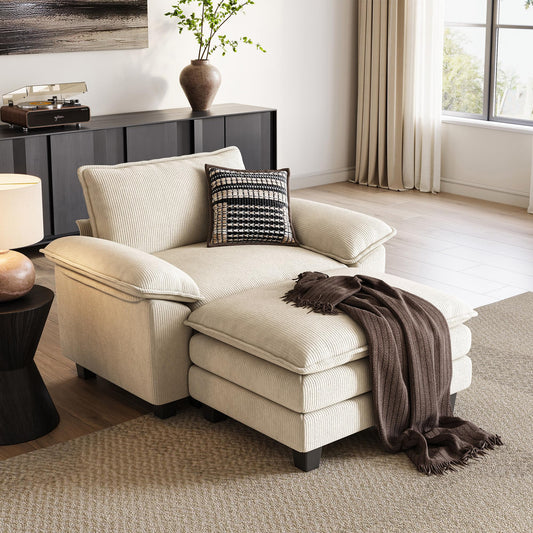 LINSY HOME Cloud Sofa Accent Chair with Ottoman Chaise Lounge Chair Indoor, Corduroy Couch Sofa Chair for Living Room Apartment Bedroom Office, Beige