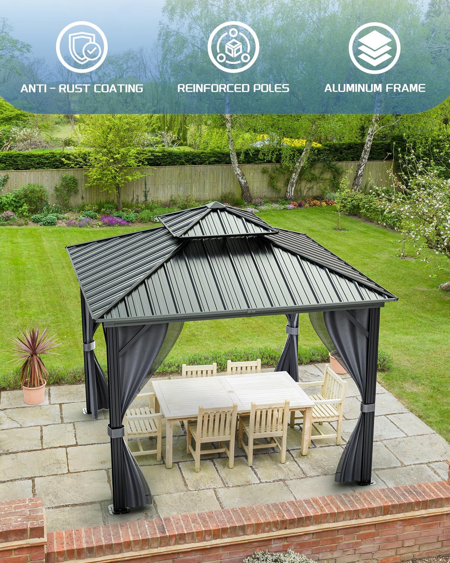 12'X12' Hardtop Gazebo, Galvanized Steel Aluminum Frame with Double Roof, Heavy-Duty Outdoor Patio Gazebo with Curtains & Netting for Backyard, Deck, Porch, Garden, Lawn, Grey