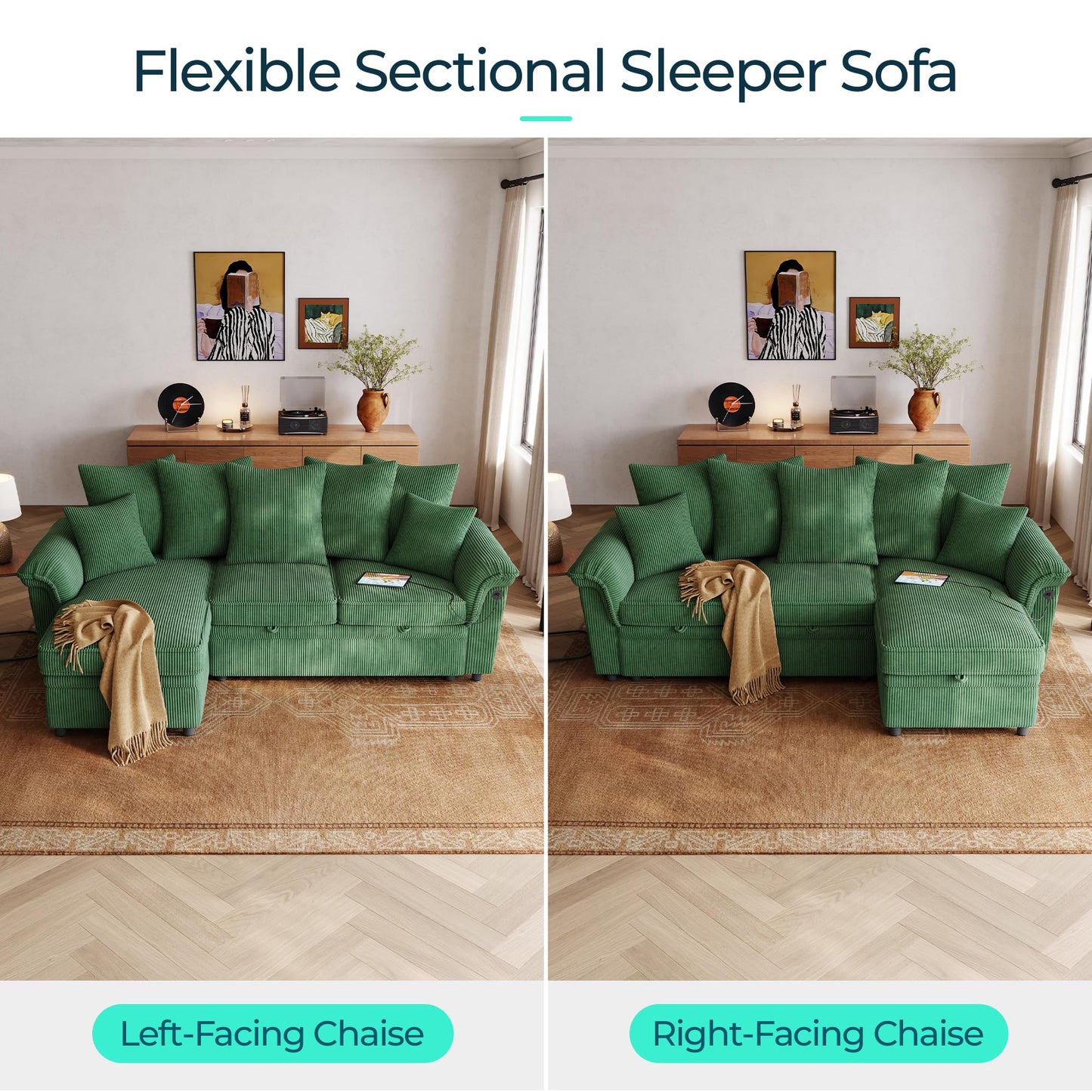LINSY HOME 90.5'' Sectional Sleeper Sofa with Pull Out Couch Bed Modular (Green, 90.5'')