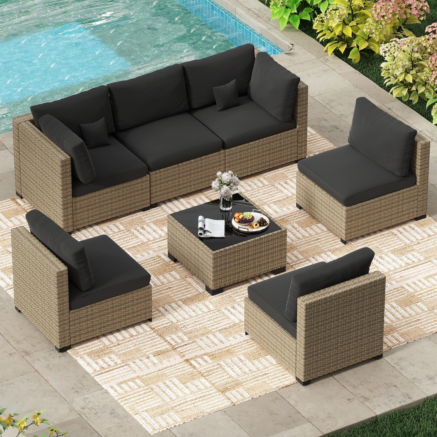 LHBcraft 7 Piece Outdoor Patio Furniture Set, Wicker Patio Furniture Set Outdoor Patio Sectional Sofa for Backyard Rattan Patio Seating with Black Cushion