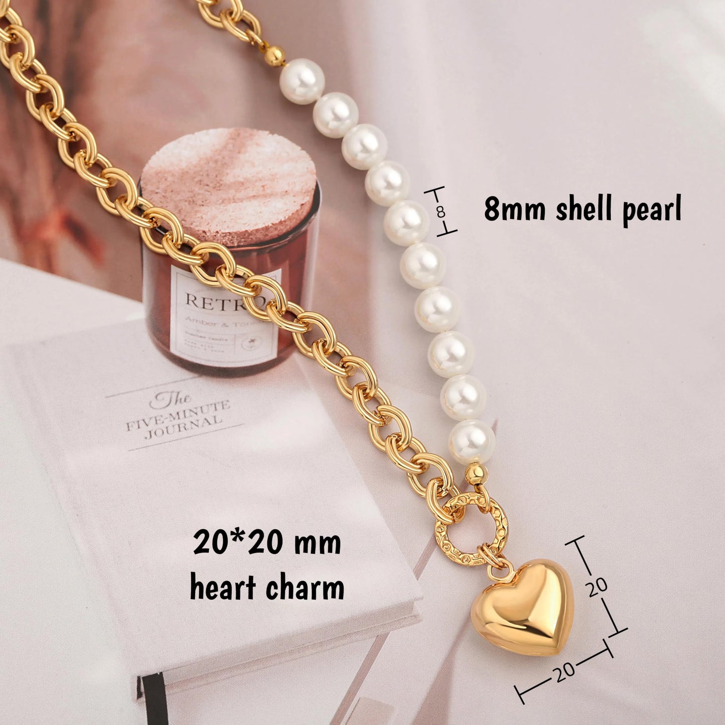 Chunky Gold Plated Puffy Heart Necklace, Pearl Beaded Chain Necklace, Statement Adjustable Y2k Jewelry