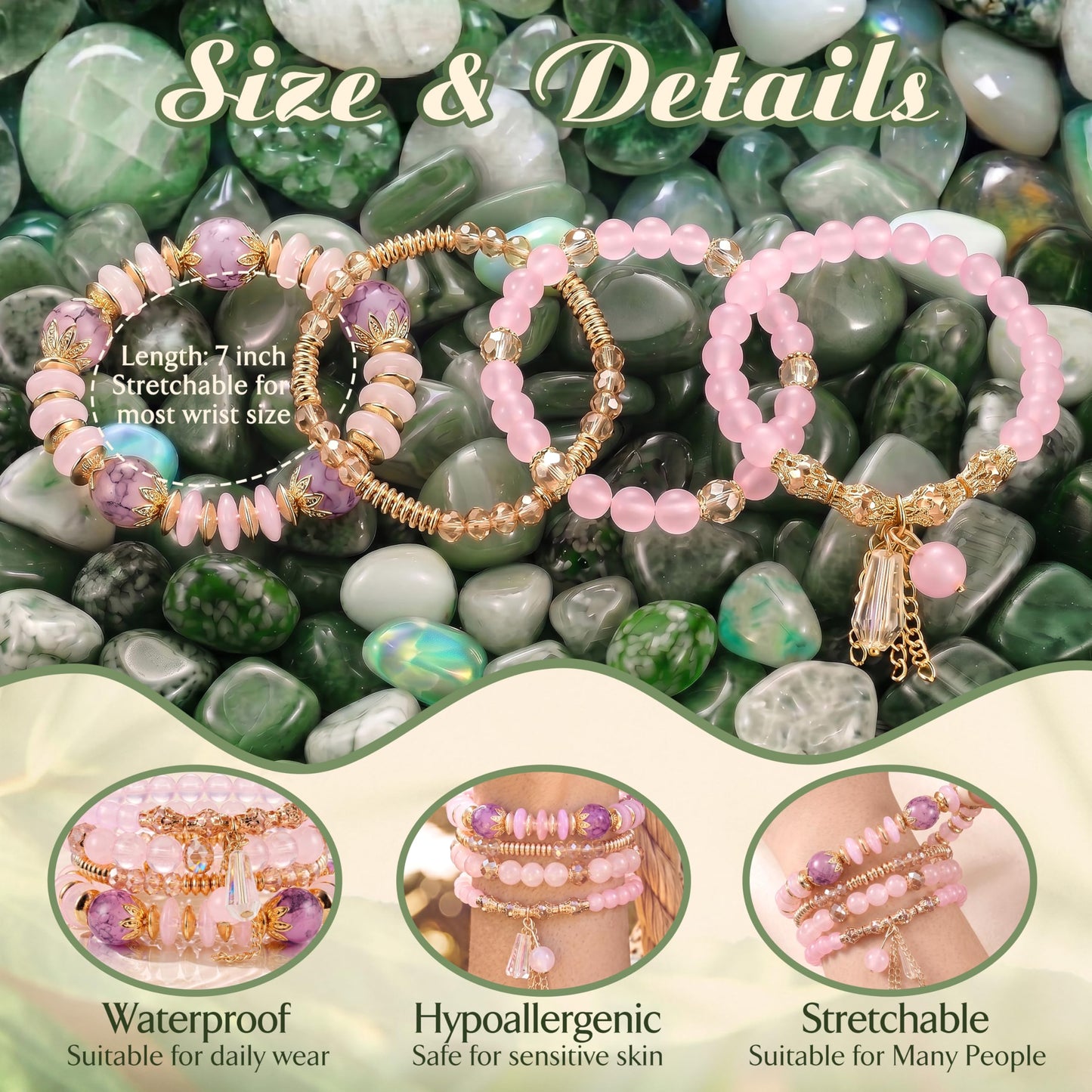 Tungary 4Pcs Beaded Bracelets for Women Bohemian Bracelet Stacks Handmade Natural Stone Stretch Bracelets Multi-Color Daily Wear Accessories Summer Beach Boho Jewelry Gift Pink Bracelet Set