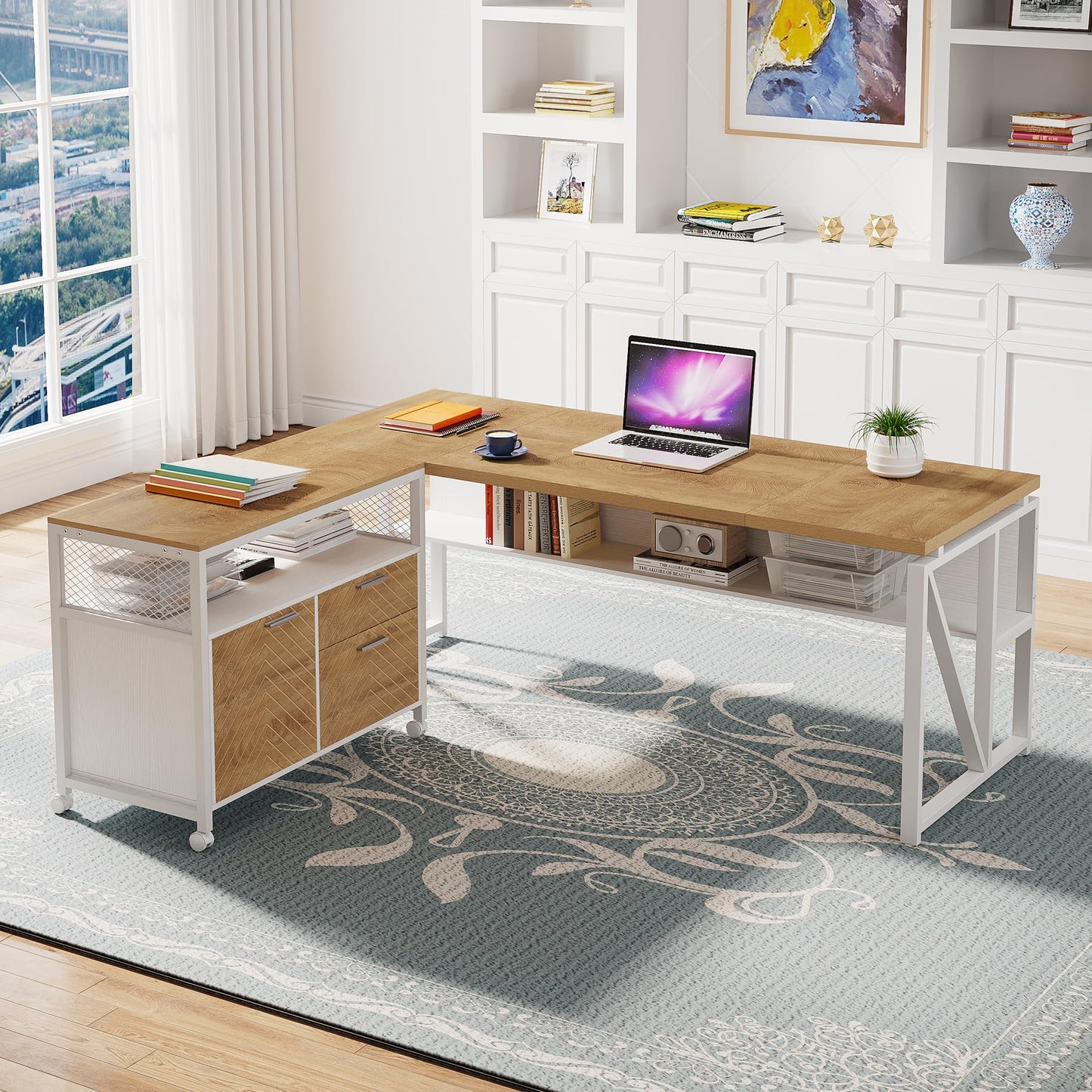 Tribesigns L Shaped Desk with Drawer Cabinet, 63" Executive Computer Desk and lateral File Cabinet, 2 Piece Home Office Furniture with Drawers for Hanging, Doors with Locks (Light Walnut, 63 inches)