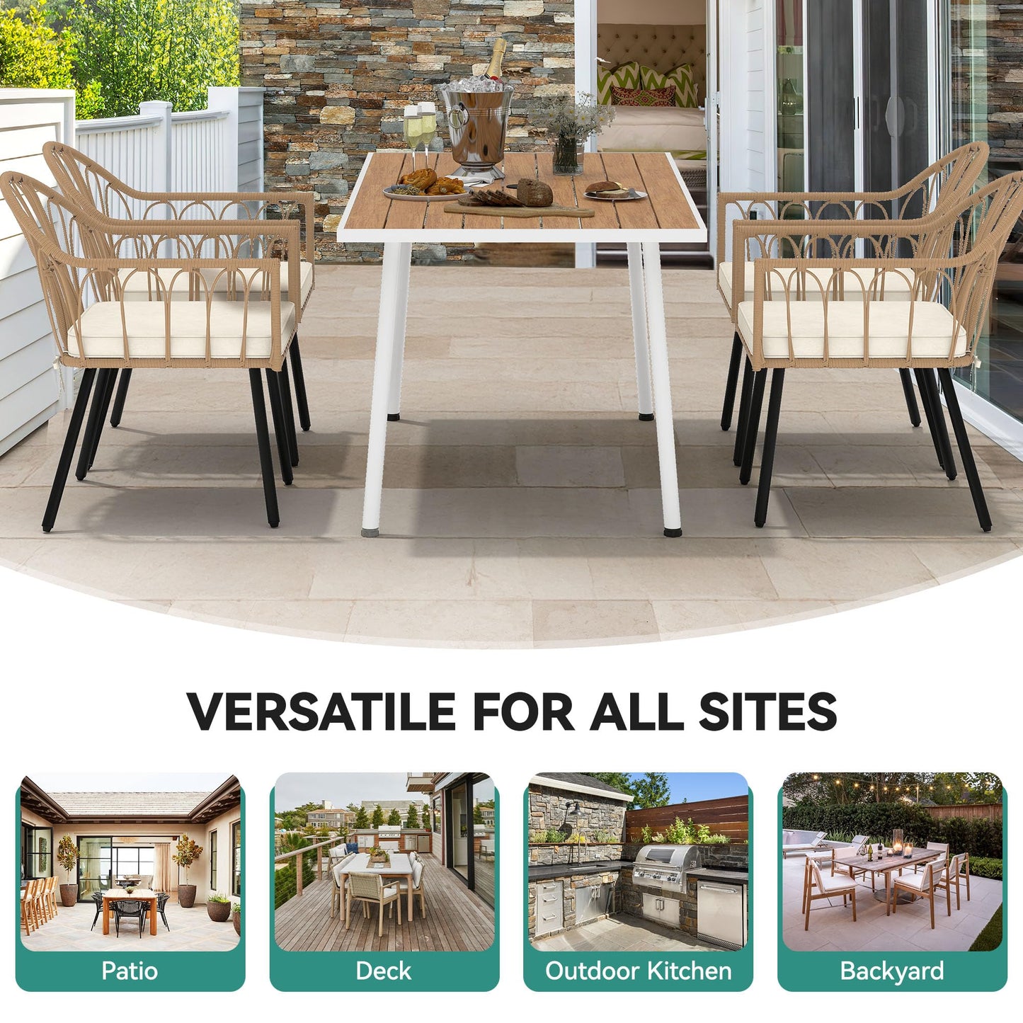 YITAHOME Outdoor Patio Dining Set 5pcs 59" Outdoor Table and Chairs Patio Dining Furniture Sets for 4/6 with Umbrella Hole Outdoor Dining Table Set for Garden Lawn Porch Indoor Brown