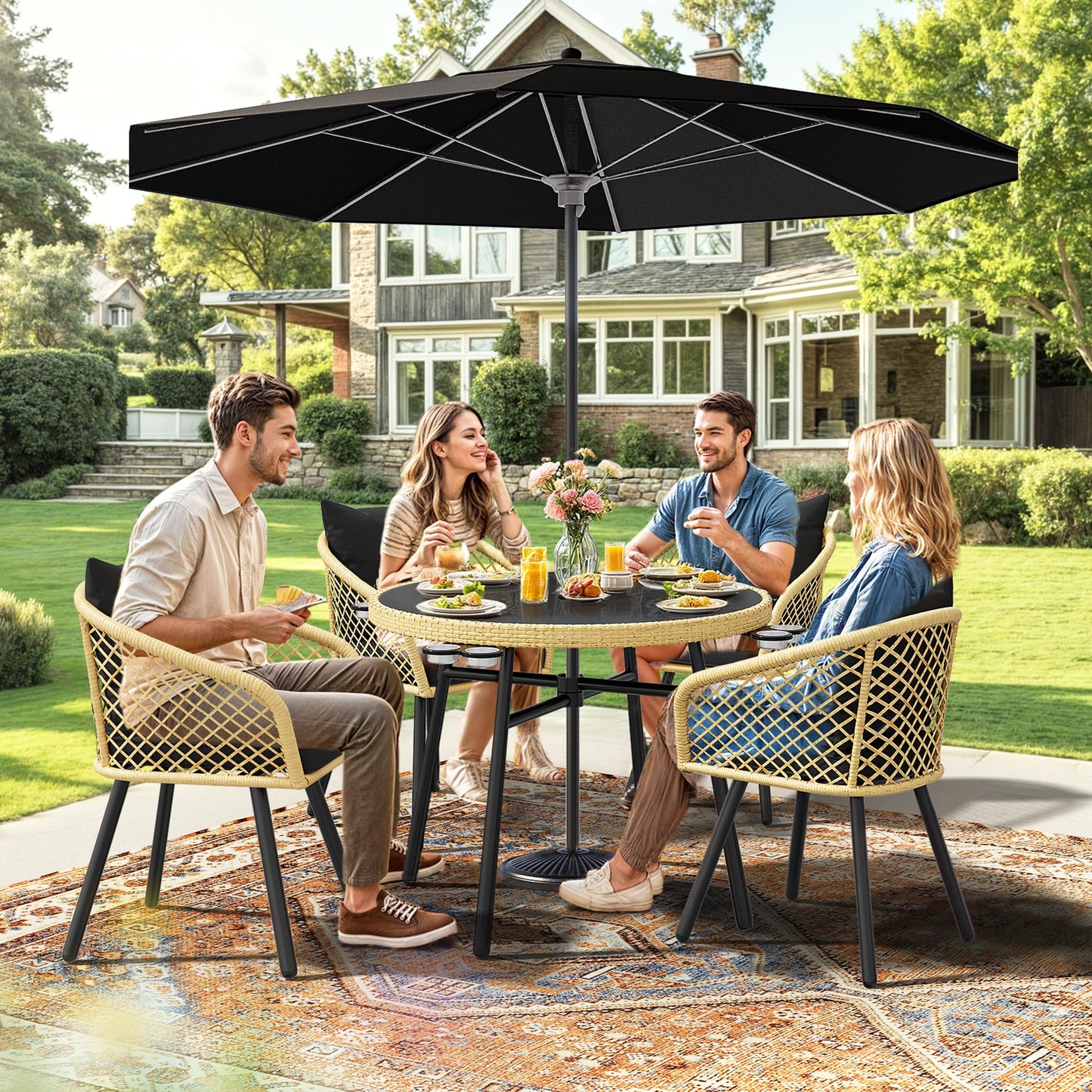 YITAHOME Outdoor Dining Set with Umbralle Hole, 5pcs Rattan Patio Dining Set for 4 with Cup Holders Soft Cushions and Glass Top Dining Table for Patio, Backyard, Garden, Bacony, Light Brown & Black
