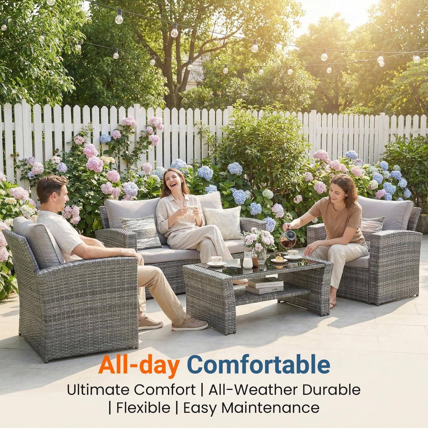 Wisteria Lane Patio Furniture Set, Wicker Outside Outdoor Furniture for All Weather, Patio Sofa with High Backrest Support and Wide Armrest for Backyard, Balcony, Deck, Porch, Ash Gray
