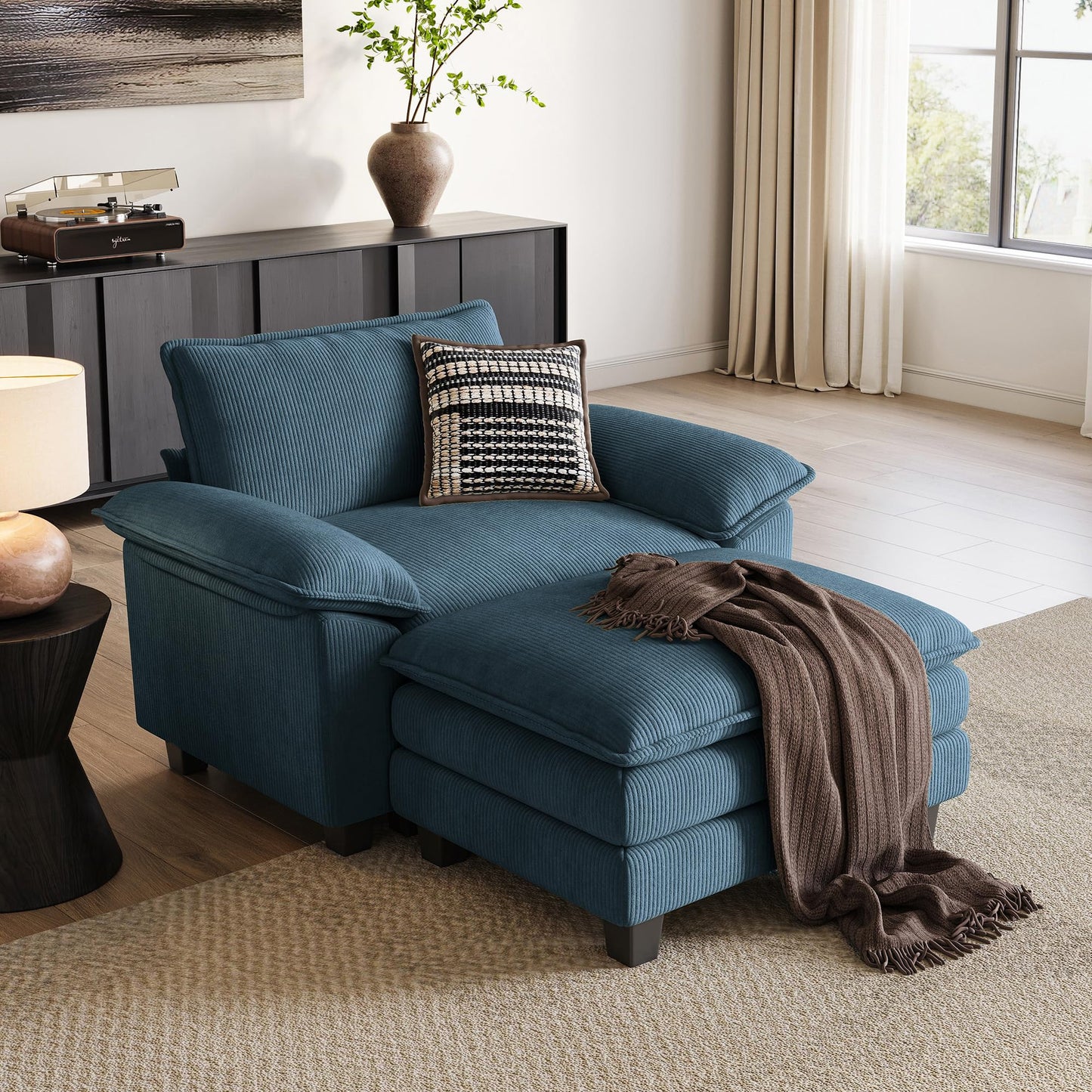 LINSY HOME Cloud Sofa Accent Chair with Ottoman Chaise Lounge Chair Indoor, Corduroy Couch Sofa Chair for Living Room Apartment Bedroom Office, Blue