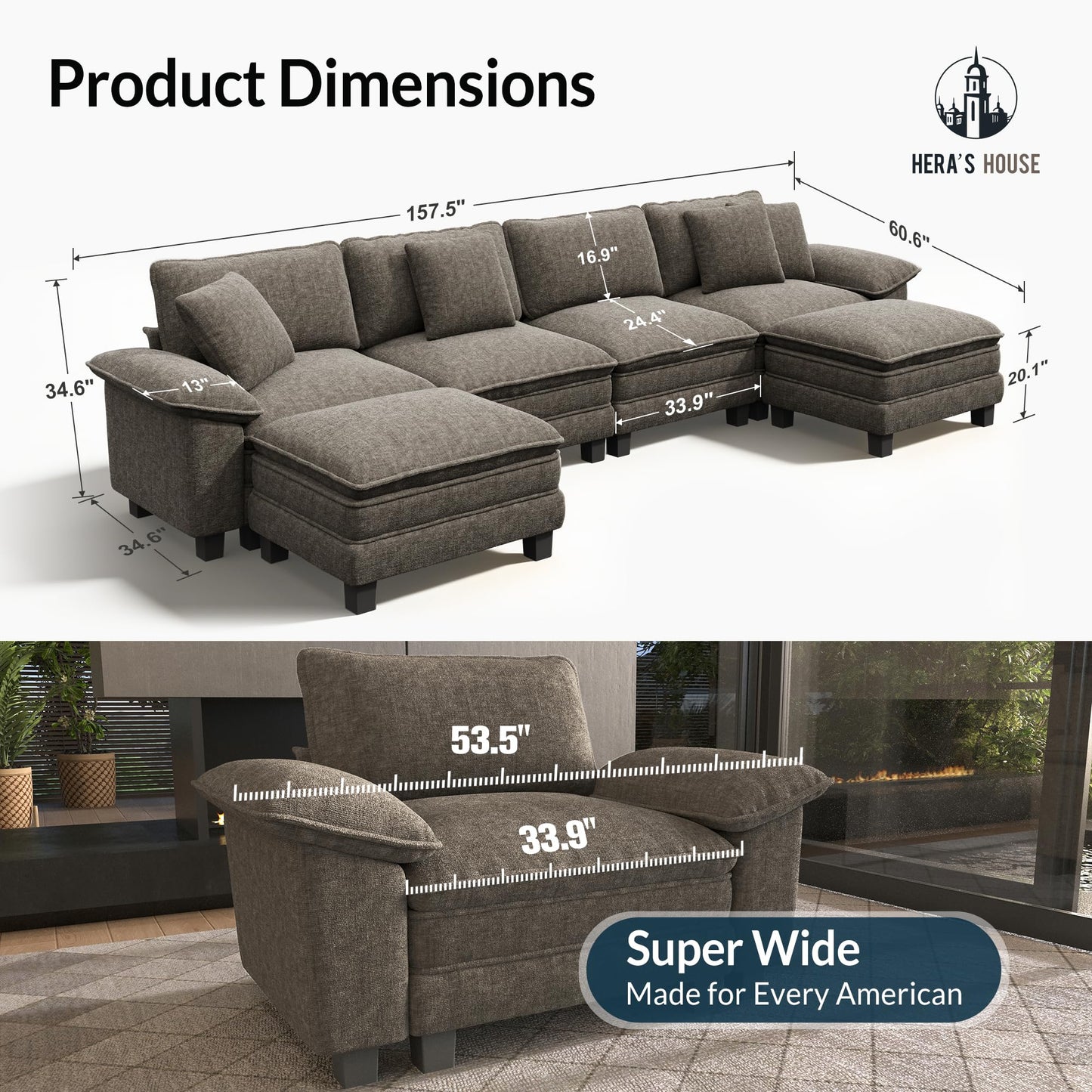 HERA'S HOUSE 158" Modular Sectional Sofa, Oversized U Shaped Couches for Living Room, Comfy Cloud Couch with Ottoman, 6-Seater Deep Seat Sofa with Throw Pillow, Chenille Ash