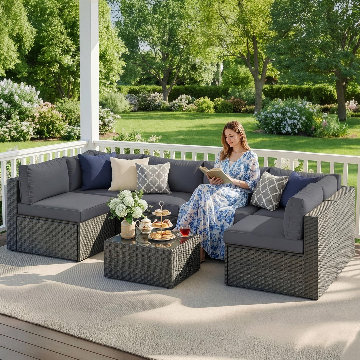 Wisteria Lane 7 Pieces Outdoor Patio Furniture Set, Wicker Outdoor Patio Sectional Sofas with Coffee Table, All-Weather Patio Conversation Set for Garden Backyard, Grey