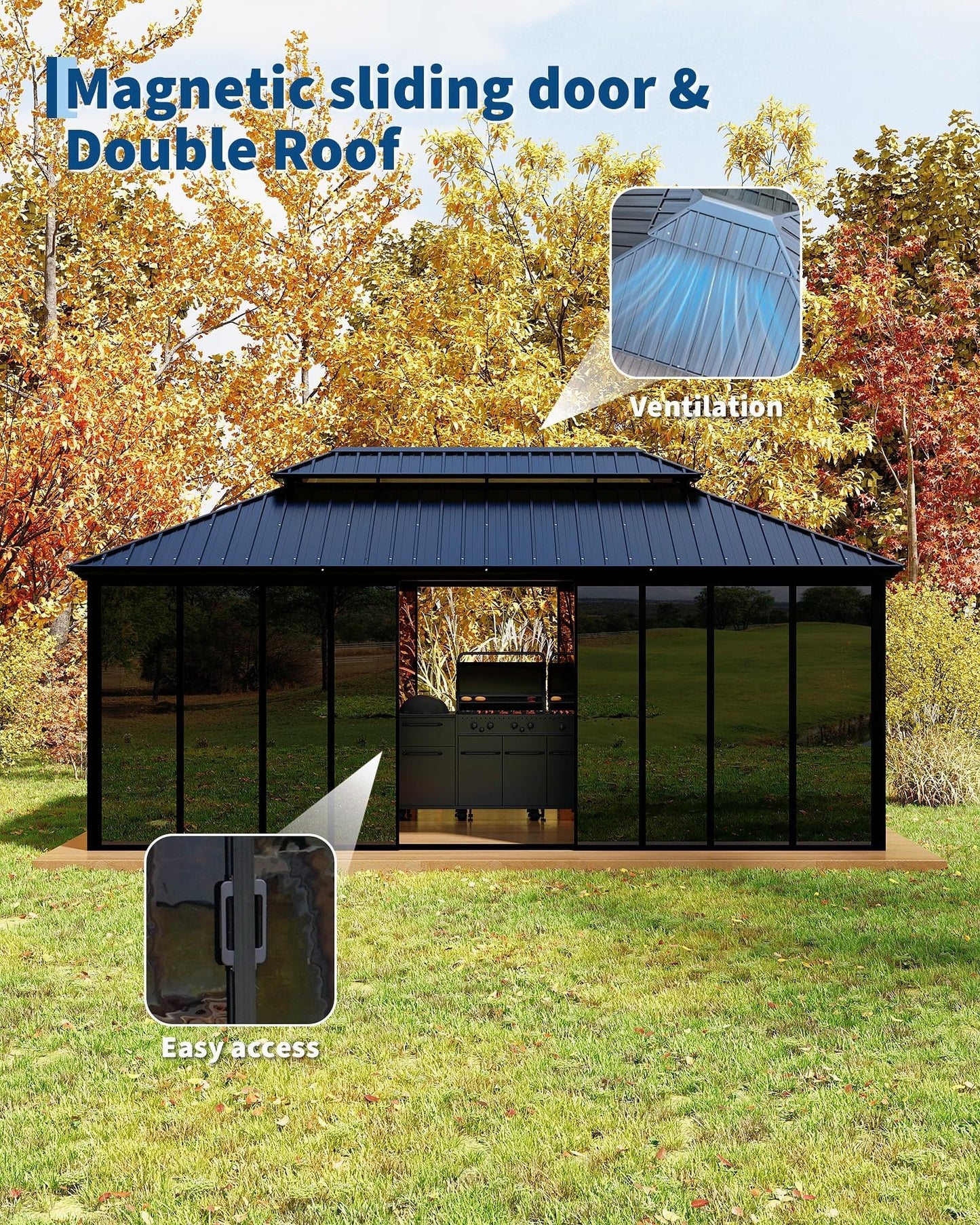 12x20 ft Hardtop Gazebo Sunroom with Sliding Doors, Heavy-Duty All-Aluminum Frame, Weatherproof Screen Room for Backyard Patio Deck