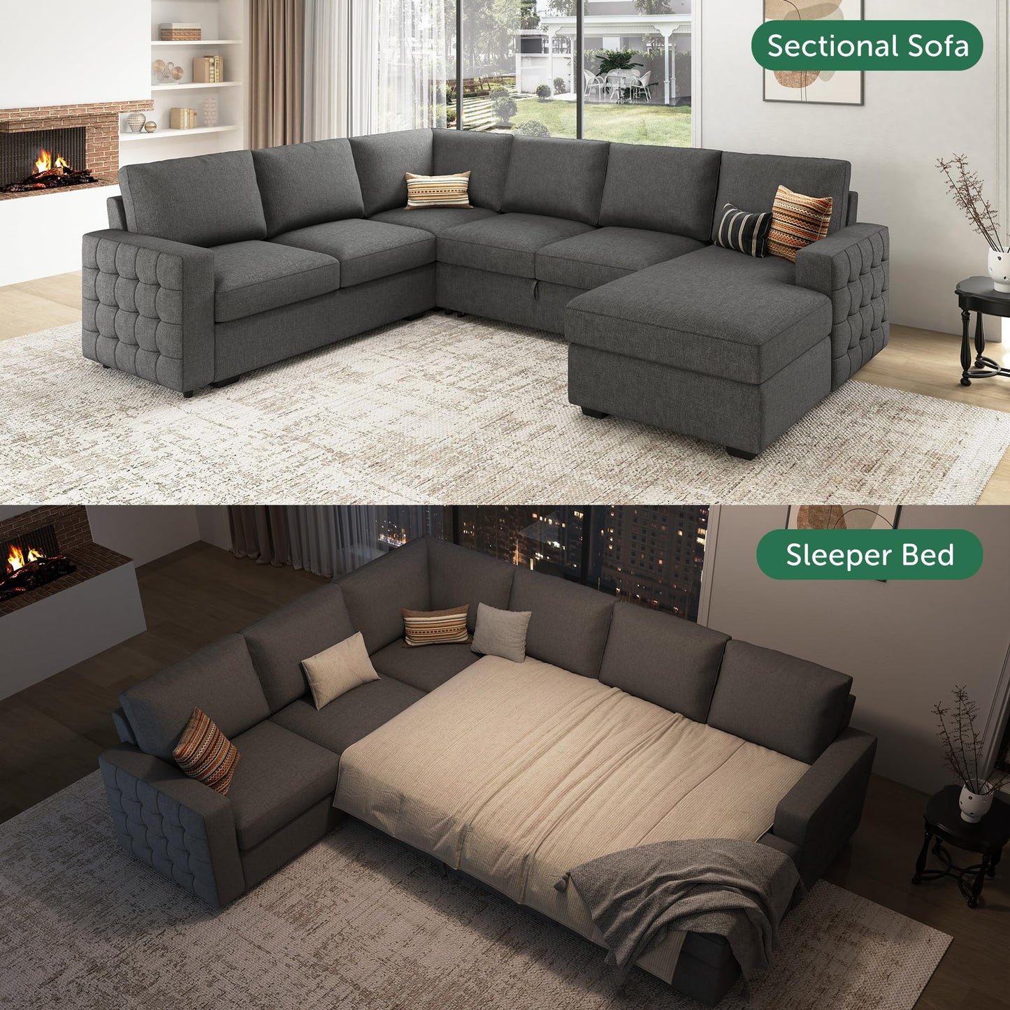 HONBAY Sectional Sleeper Sofa with Pull Out Bed U-Shape Sectional Couch Sleeper Bed with Storage Chaise 6 Seater Sleeper Sectional Sofa, Light Grey