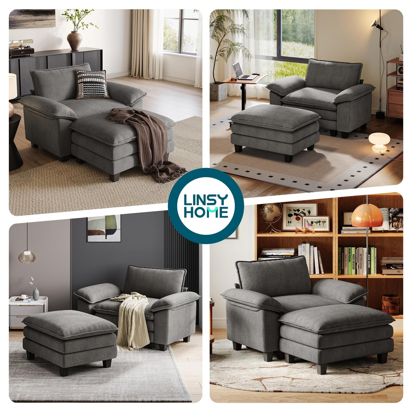 LINSY HOME Cloud Sofa Accent Chair with Ottoman Chaise Lounge Chair Indoor, Corduroy Couch Sofa Chair for Living Room Apartment Bedroom Office, Grey