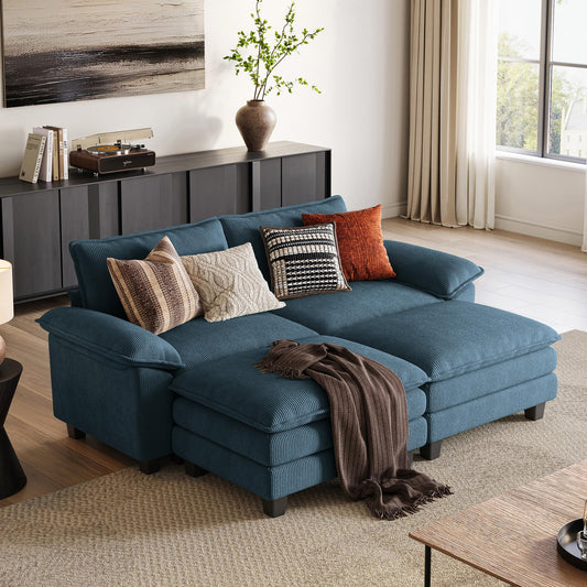 LINSY HOME Modular Sectional Sofa - Oversized Corduroy Cloud Couch with Movable Ottoman Soft Modern Comfy Sofa Set for Living Room Apartment Office, Blue