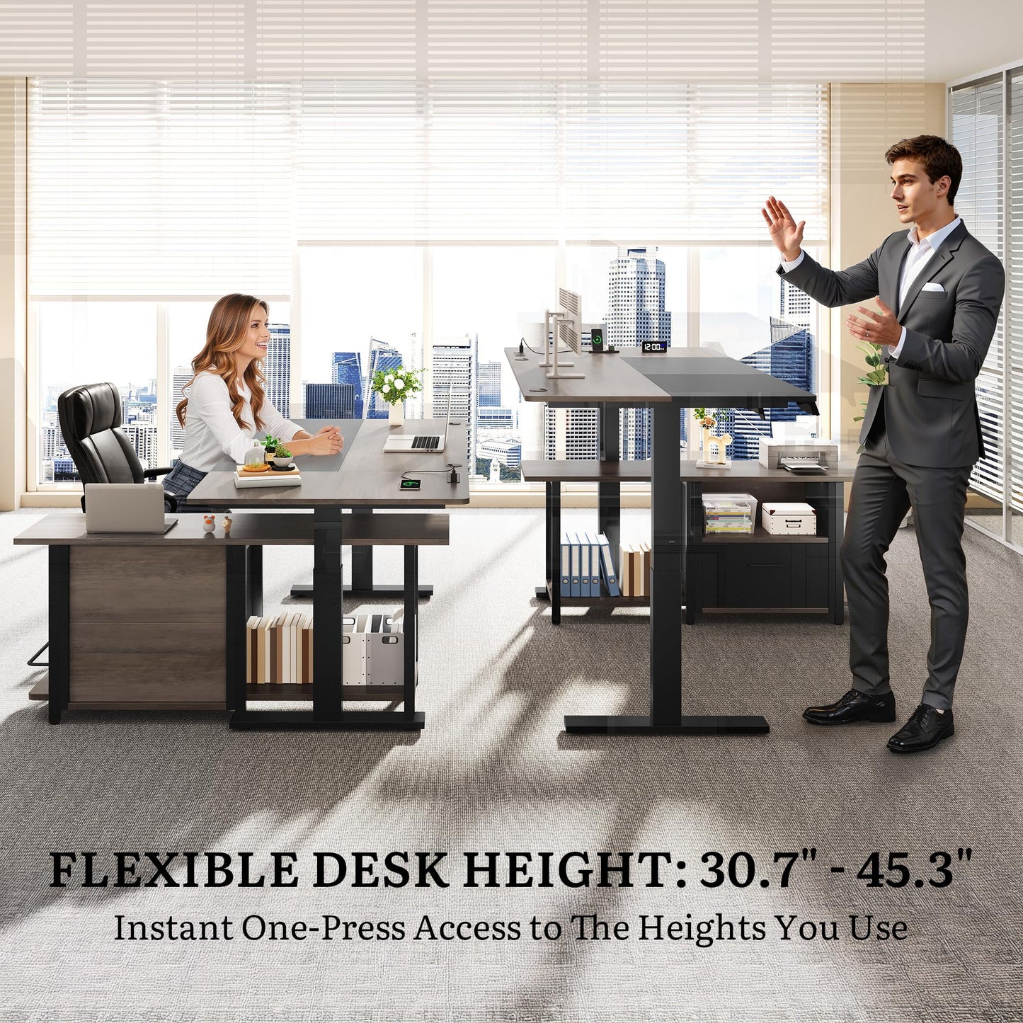 YITAHOME L Shaped Standing Desk with Power Outlets, 70.1" Electric Standing Desk Adjustable Height Sit Stand Corner Standing Desks Executive Desk with Drawers & Shelves, Grey + Black