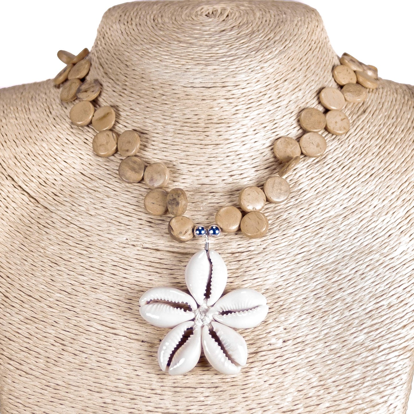 BlueRica Cowrie Shells Flower on Tan Coconut Shell Disc Beads Necklace