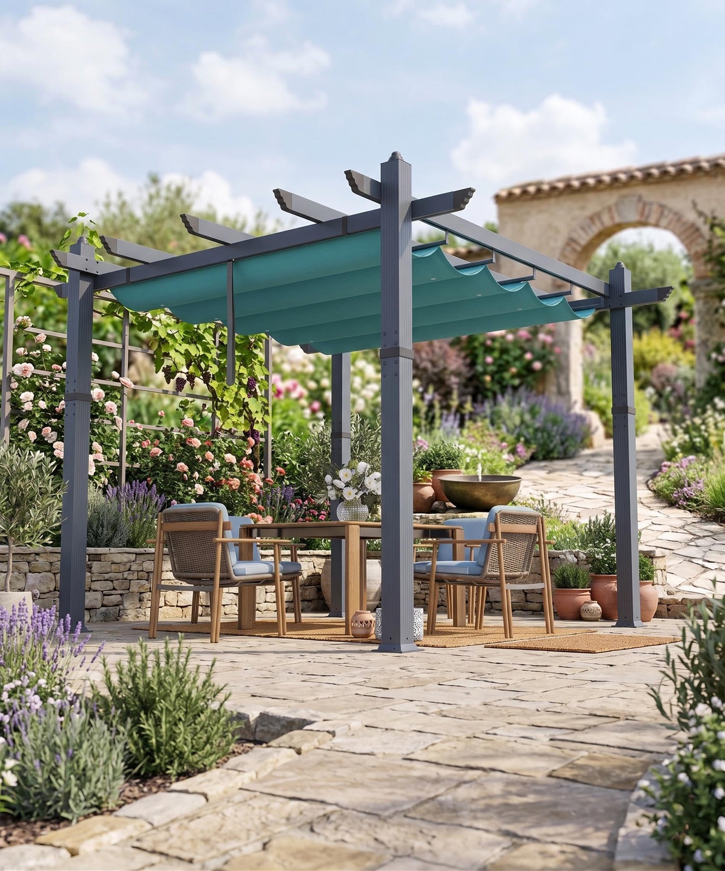 GarveeTech 10x10 ft Pergola Gazebo with Adjustable Canopy, Heavy-Duty Aluminum Sun Shelter with Faux Wood Finish for Outdoor Patio, Deck & Garden, Blue+White