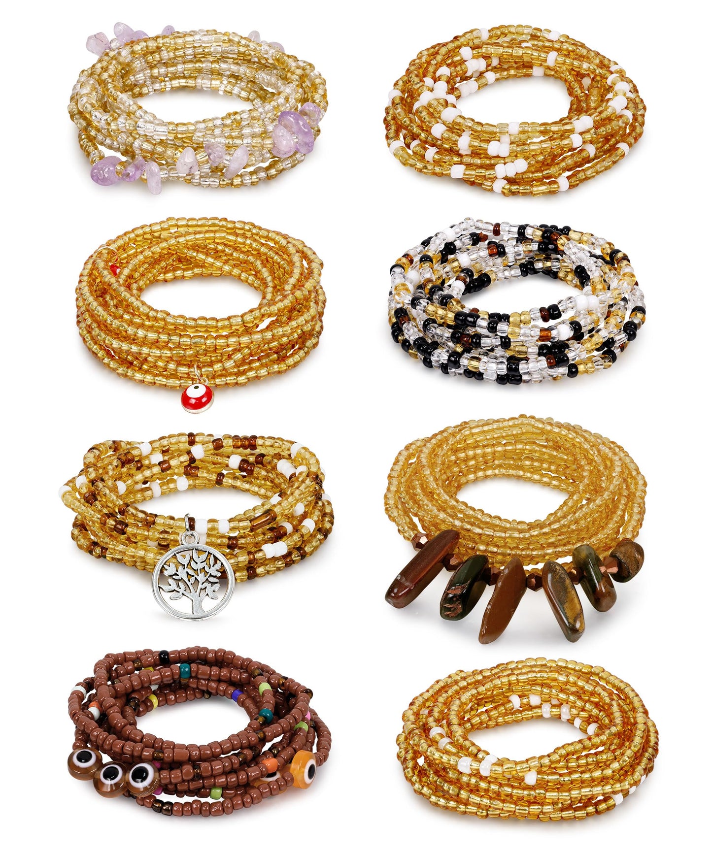 Masedy 8PCS African Waist Bead Chains for Women Layered Belly Body Chain Handmade Plus Size Beaded Belly Chain Colorful Elastic Flower Butterfly Body Chains Summer Beach Bikini Body Jewelry 31in A