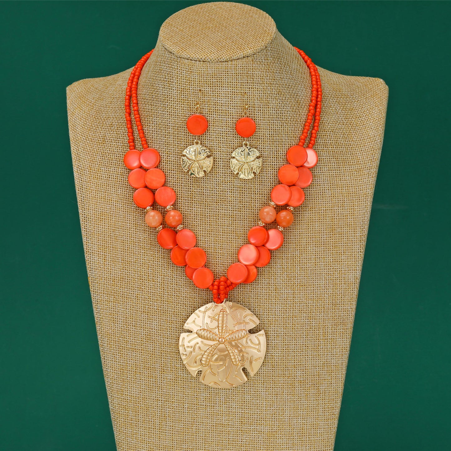Perla Beaded Statement Necklace and Earrings Set for Women, Gold Medallion Pendant with Starfish Charm Earrings, Fashion Jewelry Set (Orange)