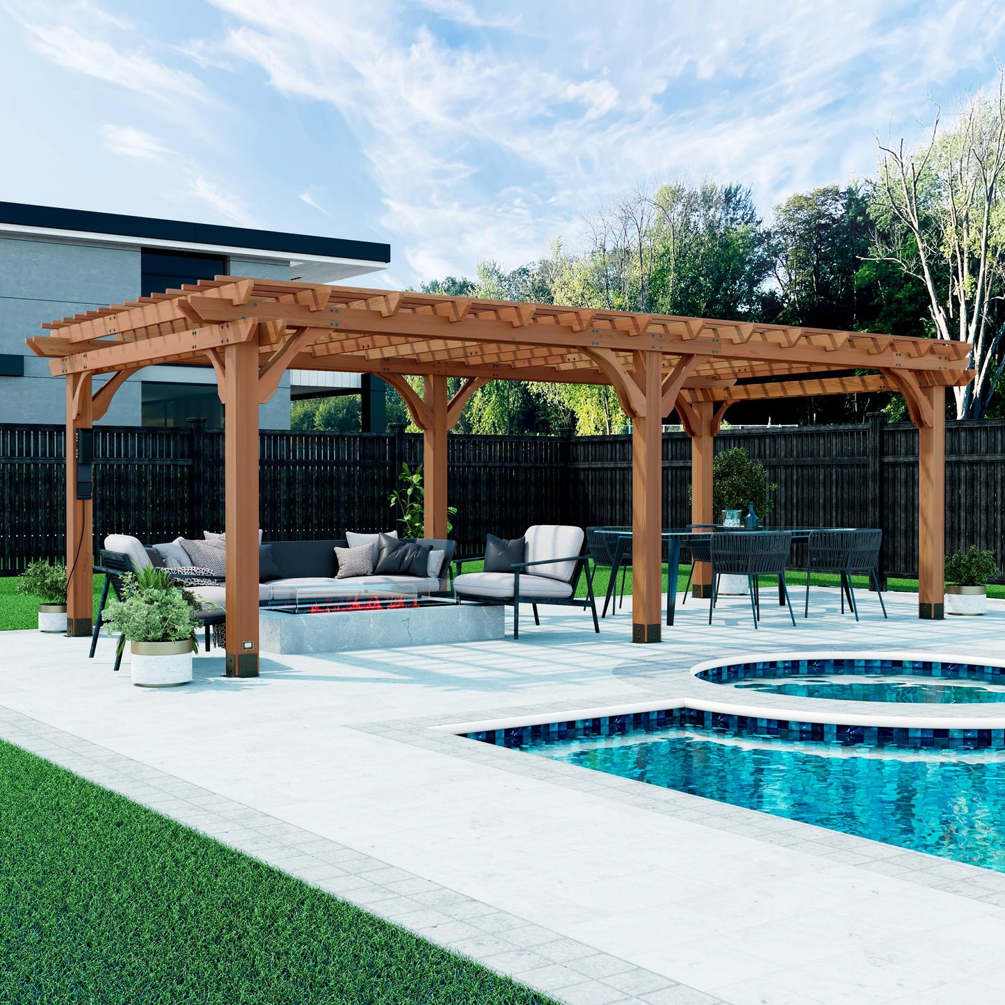 Backyard Discovery Beaumont 24' x 12' Traditional Cedar Wood Pergola Kit with Trellis Roof, All-Season Durability, High-Wind Rating, PowerPort, Shade for Outdoor Patio, Deck, Garden, and Entertaining