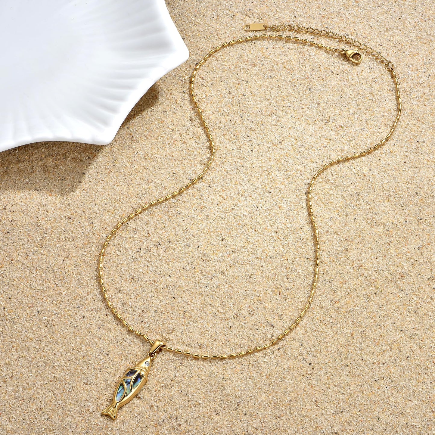 NUZON Abalone Shell Gold Fish Necklace for Women, 18K Gold Plated Stainless Steel Dainty Adjustable Chain with Sardine Pendant, Waterproof Hypoallergenic Layering Necklace for Beach & Everyday Wear 18’’