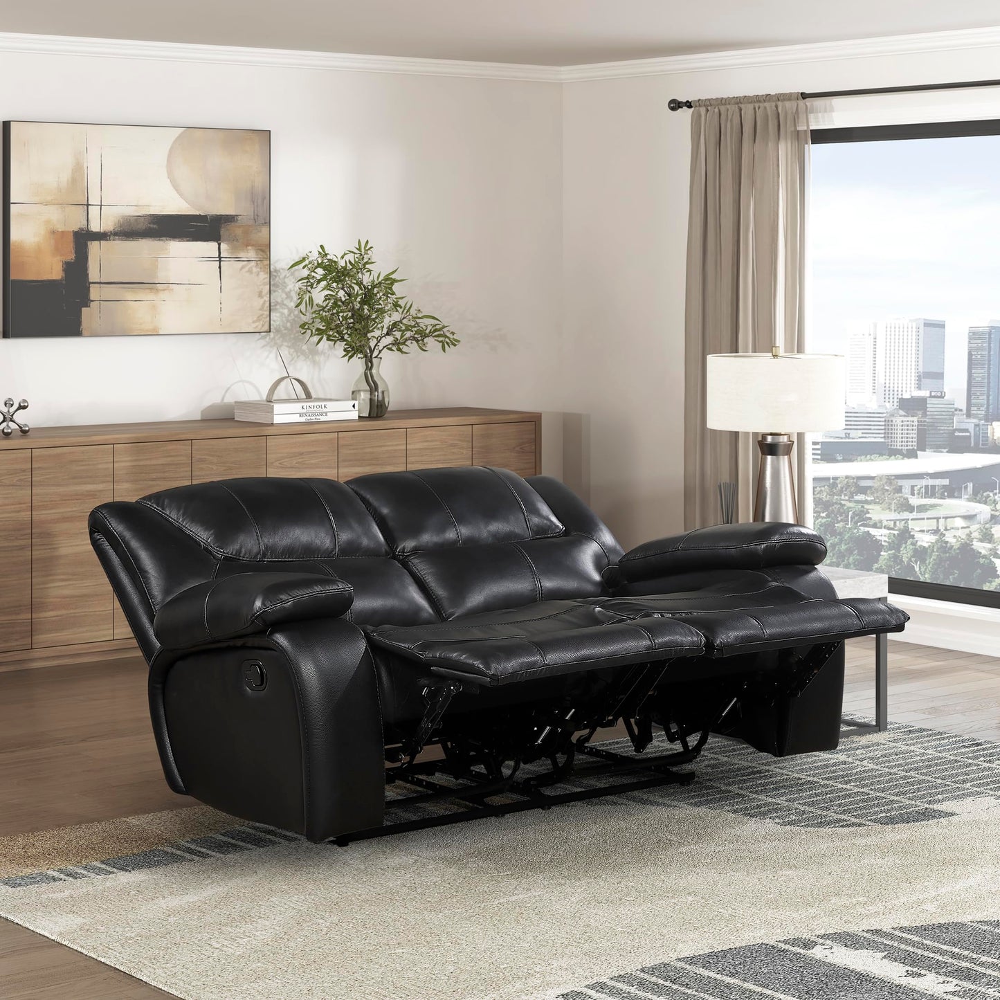 Lexicon Manual Double Reclining Loveseat - Top Grain Leather Match Manual Tab Pull Loveseat Recliner for Living Room, Wall Hugger, Pillow Top Arms, Padded Headrest, Foam Over Pocket Coils Seat, Black