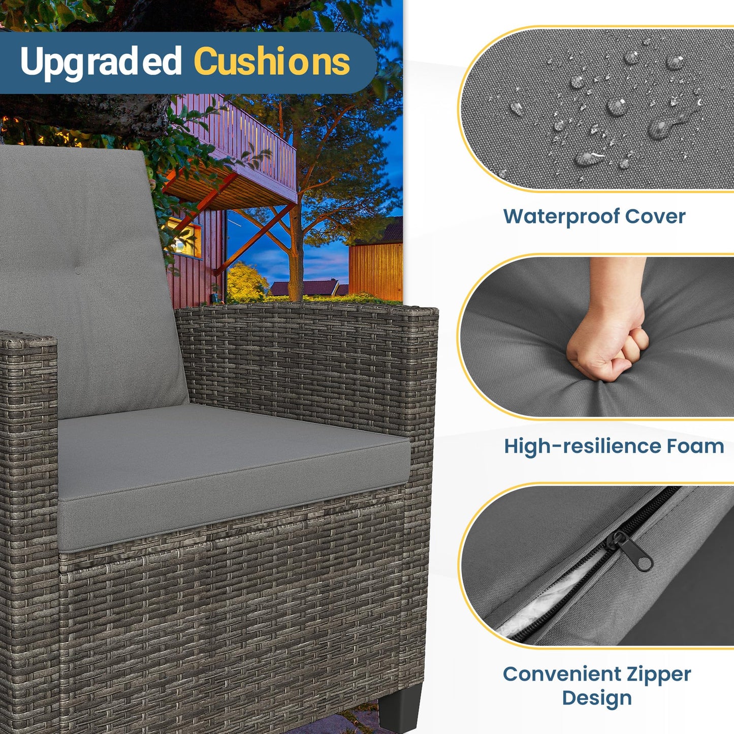 Wisteria Lane 4 Piece Patio Furniture Set, Wicker Outdoor Patio Conversation Furniture Set, All Weather Outdoor Patio Sofa with Cushion and Wood Table, Grey Wood