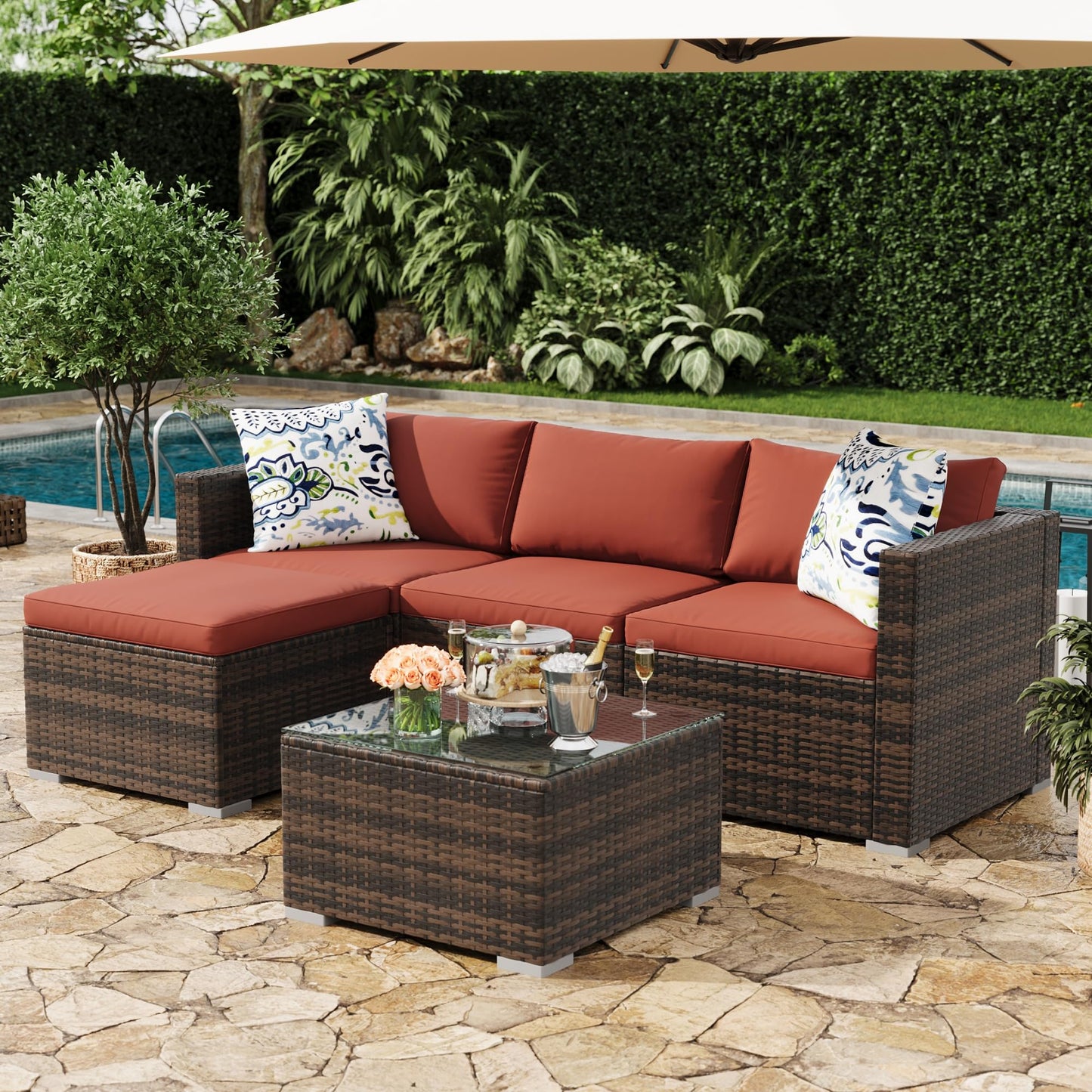 MilleLoom 5-Piece Outdoor Sectional Sofa Set, All-Weather PE Rattan Patio Furniture with Ottoman & Tempered Glass Table, Convertible Garden Couch for Backyard, Porch, Poolside (Brown/Wine Red)