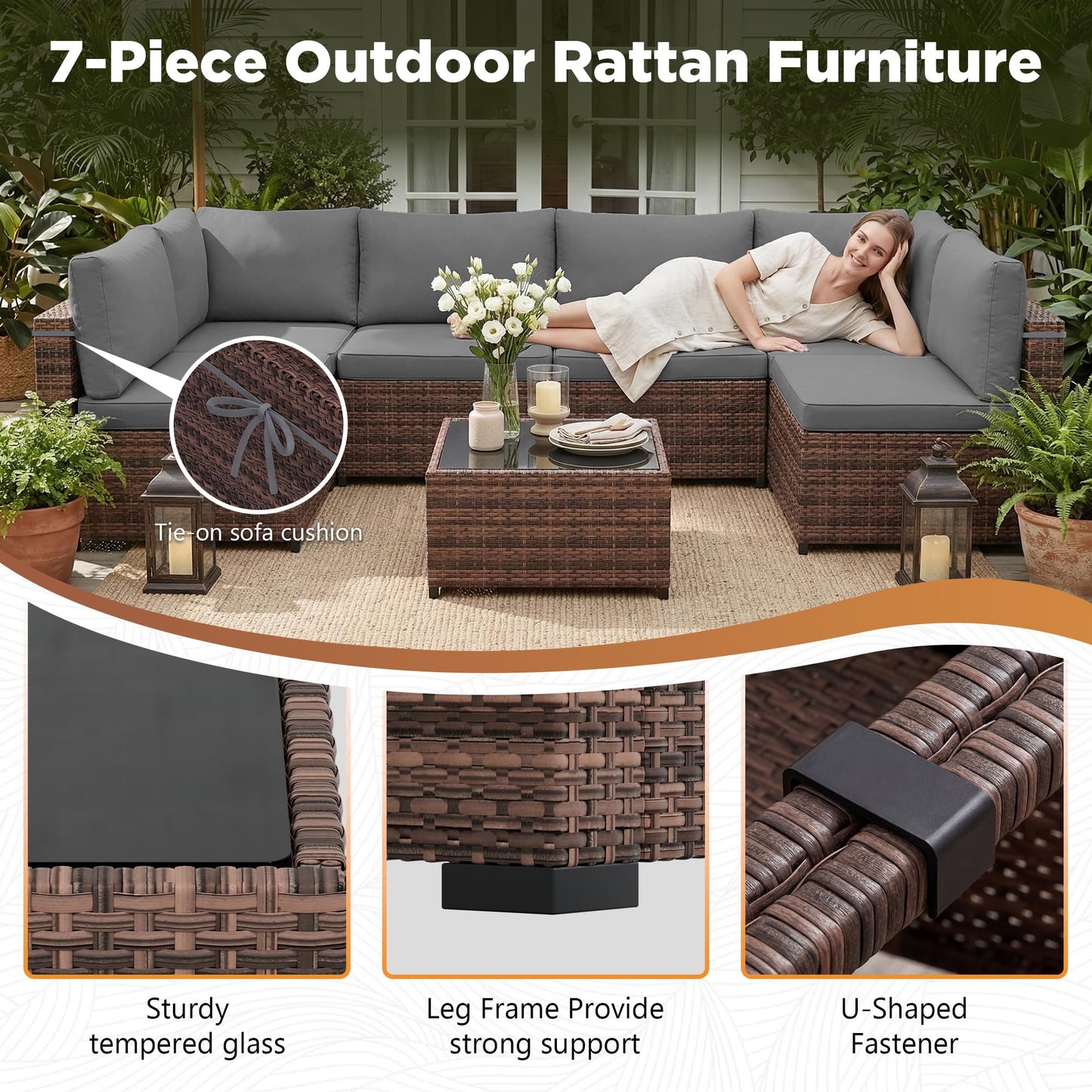 LHBcraft Patio Furniture Set with Rain Cover,7 Pieces Outdoor Wicker Rattan Patio Furniture, Wicker Rattan Outdoor Sectional Sofa Set with Coffee Table for Garden, Poolside Taupe-Grey