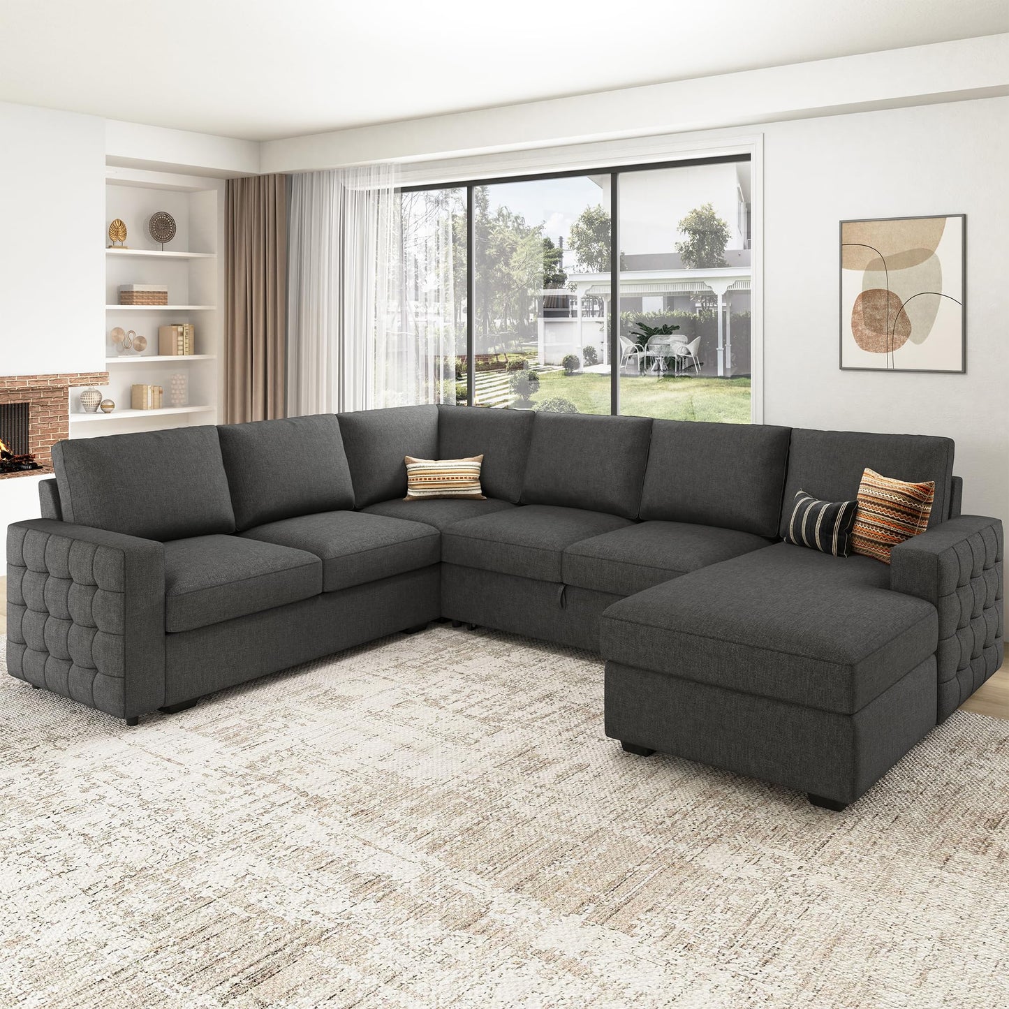 HONBAY Sectional Sleeper Sofa with Pull-Out Bed Storage Chaise, 6 Seaters Couch for Living Room, Light Grey