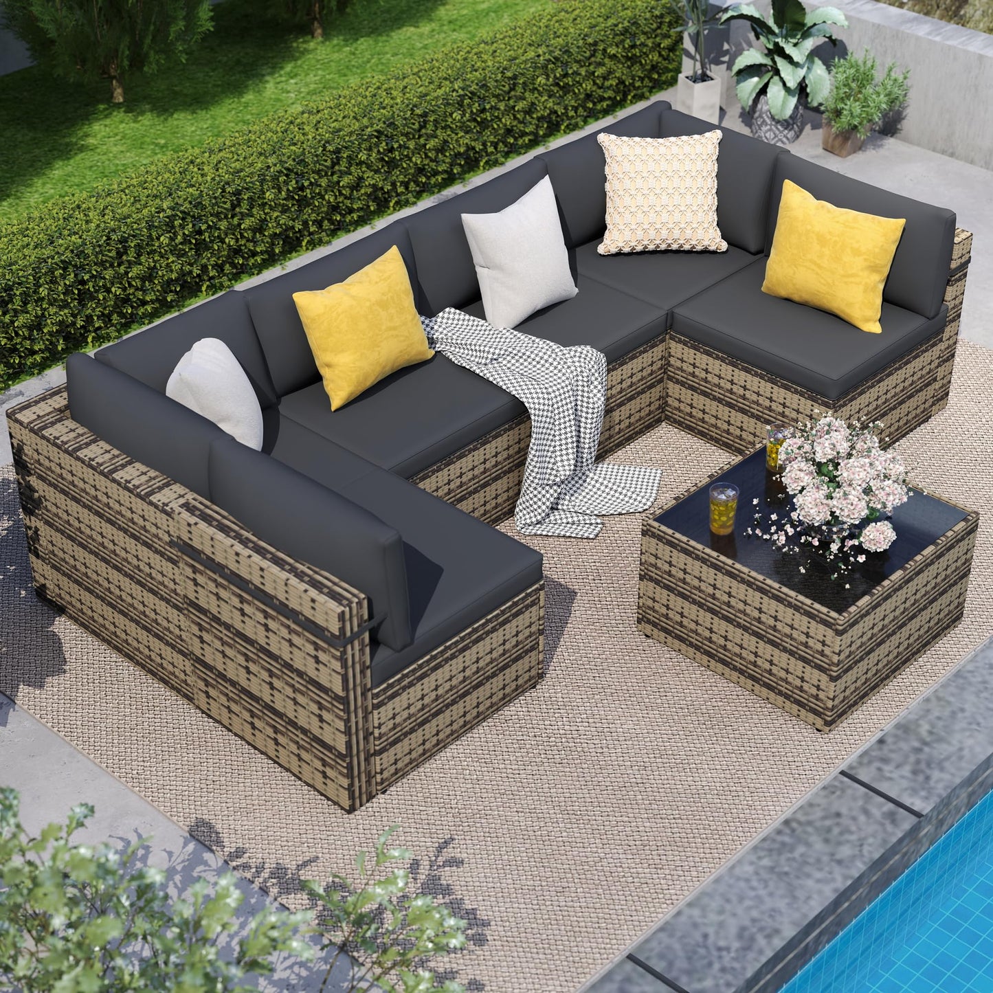 PATIOPIA 7-Piece Outdoor Sectional Sofa Set, Weather-Resistant Patio Furniture Set with Washable Cushions and Coffee Table, Black Rattan Patio Conversation Set for Poolside, Backyard, Deck (Beige)