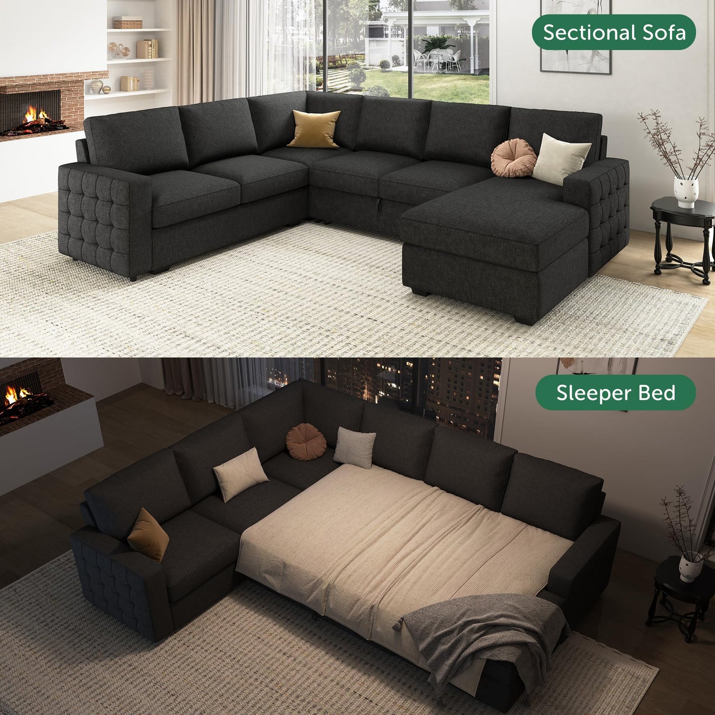 HONBAY Sectional Sleeper Sofa with Pull-Out Bed Storage Chaise, 6 Seater Couch for Living Room, Dark Grey
