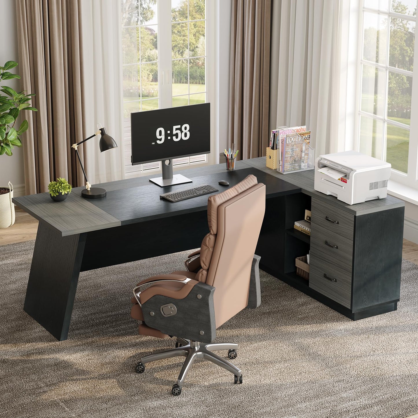 LITTLE TREE 78-Inch Executive Office Desk with File Cabinet, Large Modern Corner Office Desk for Home Office, 3-Drawer Wood File Cabinet, Spacious Workstation for Home Office (Grey & Black)