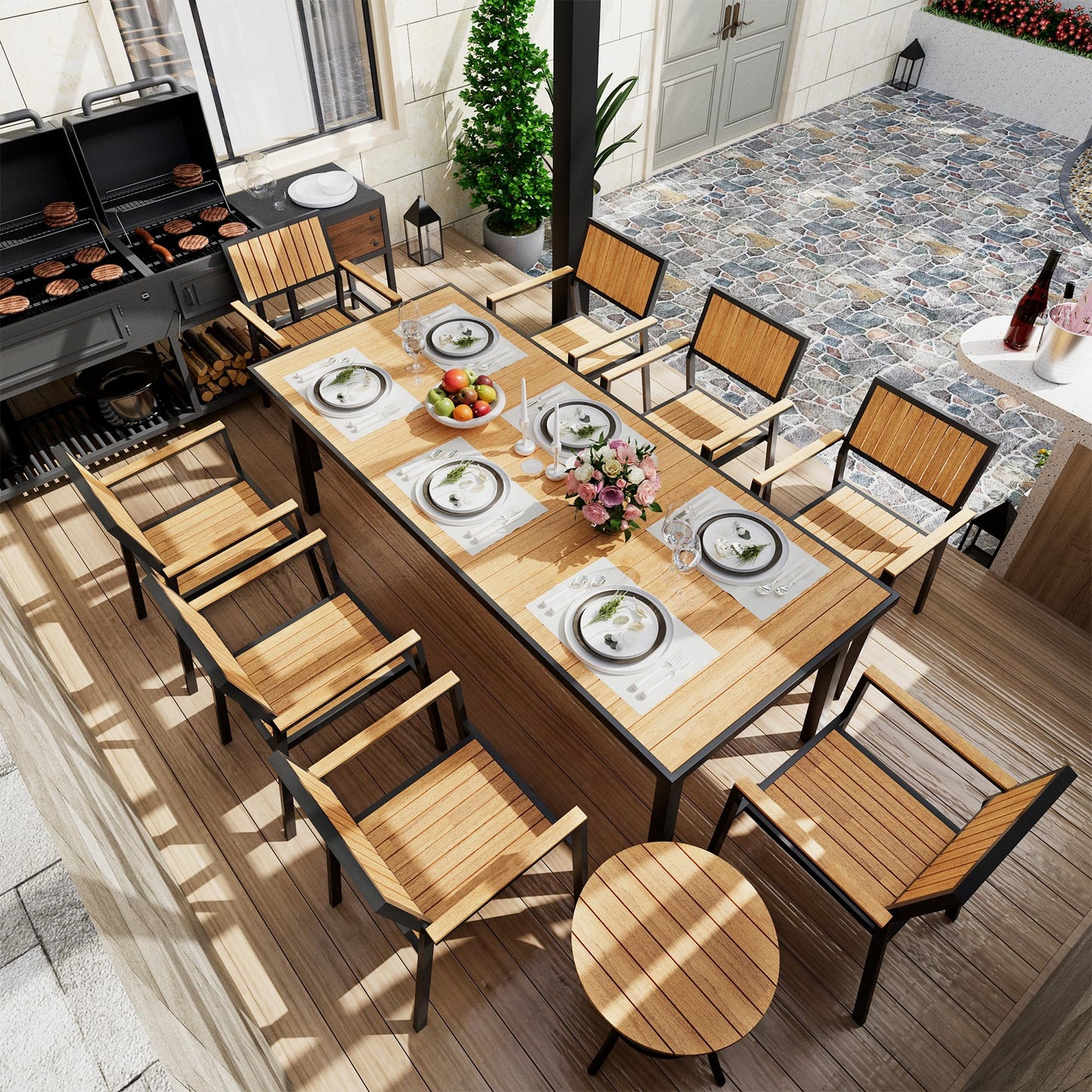 Pamapic 10-Piece Outdoor Dining Set, Patio Aluminum Furniture with Plastic-Wood Table Top & 8 Stackable Chairs, Outdoor Furniture Set for Patio Garden Poolside (Teak)